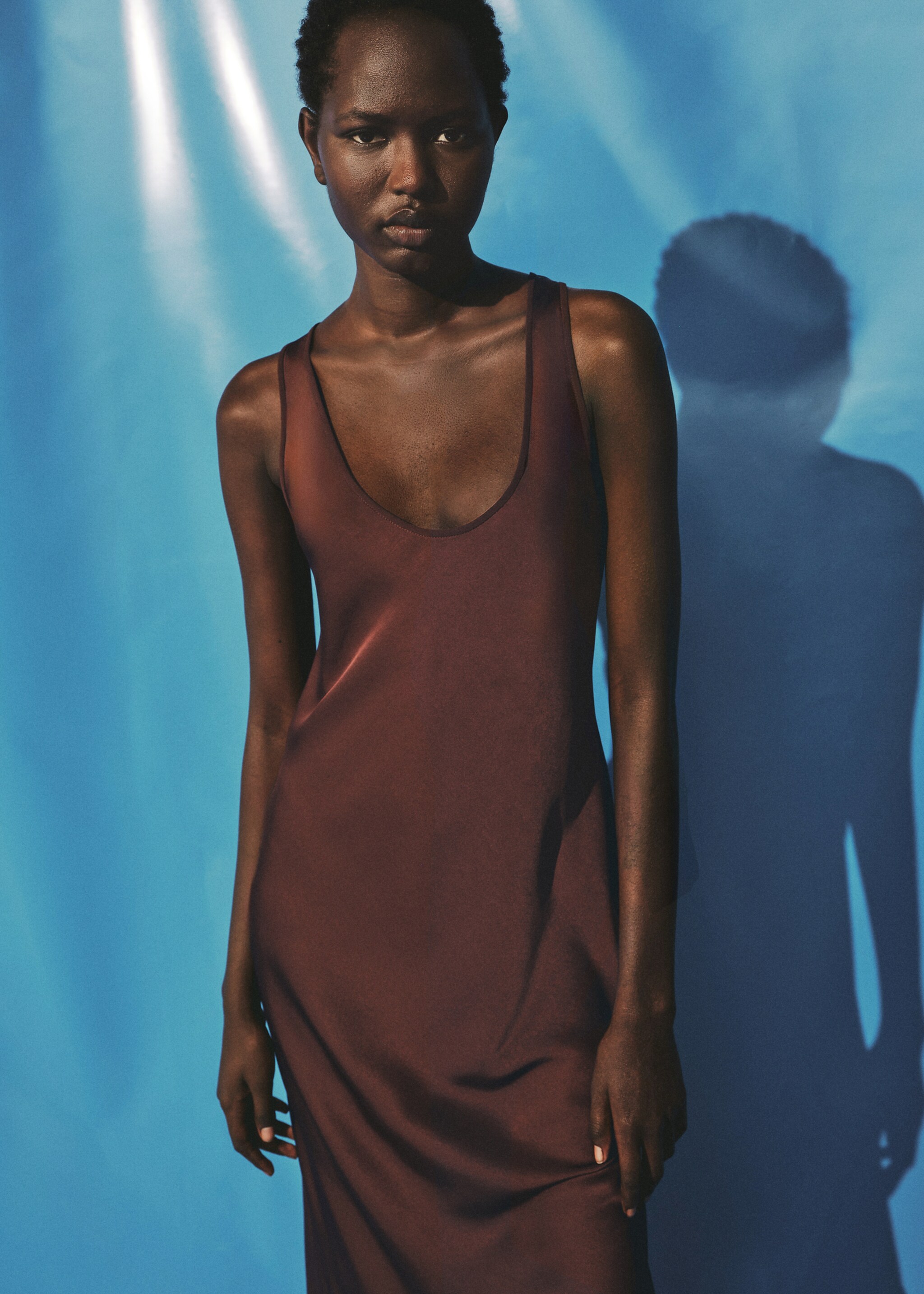 Long satin dress - Medium plane, Brown. Ref: 17024088-00.