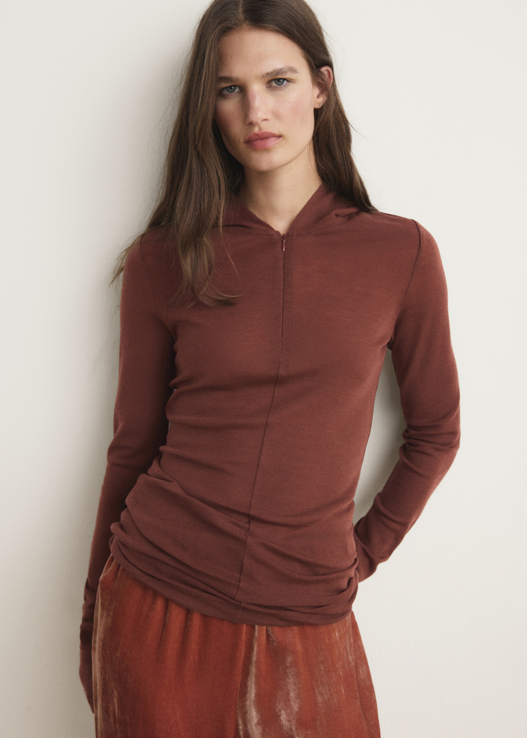 Wool hooded t-shirt - Medium plane, Brown. Ref: 17024106-00.