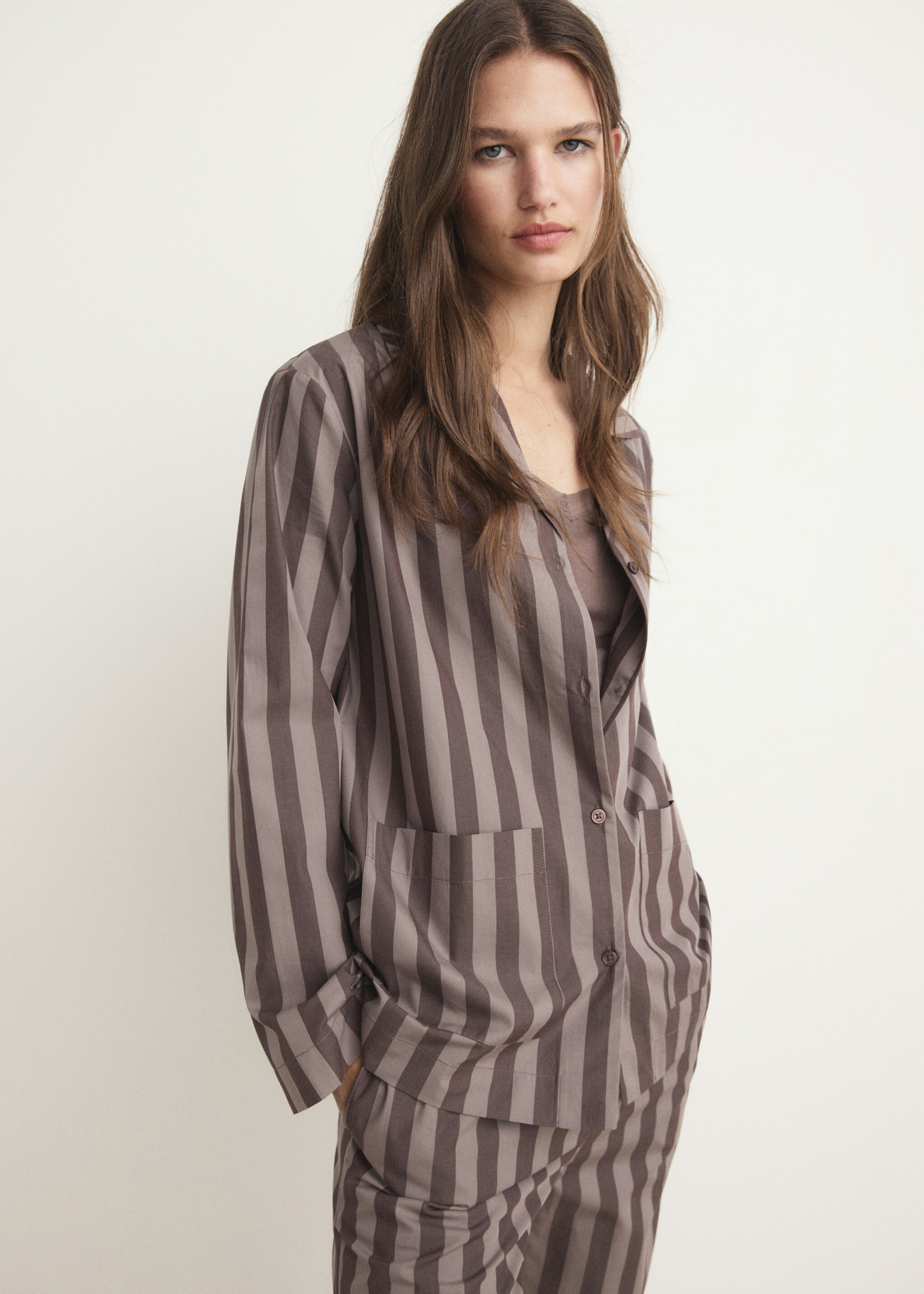 Woven striped pyjama top - Medium plane, Brown. Ref: 17024111-00.