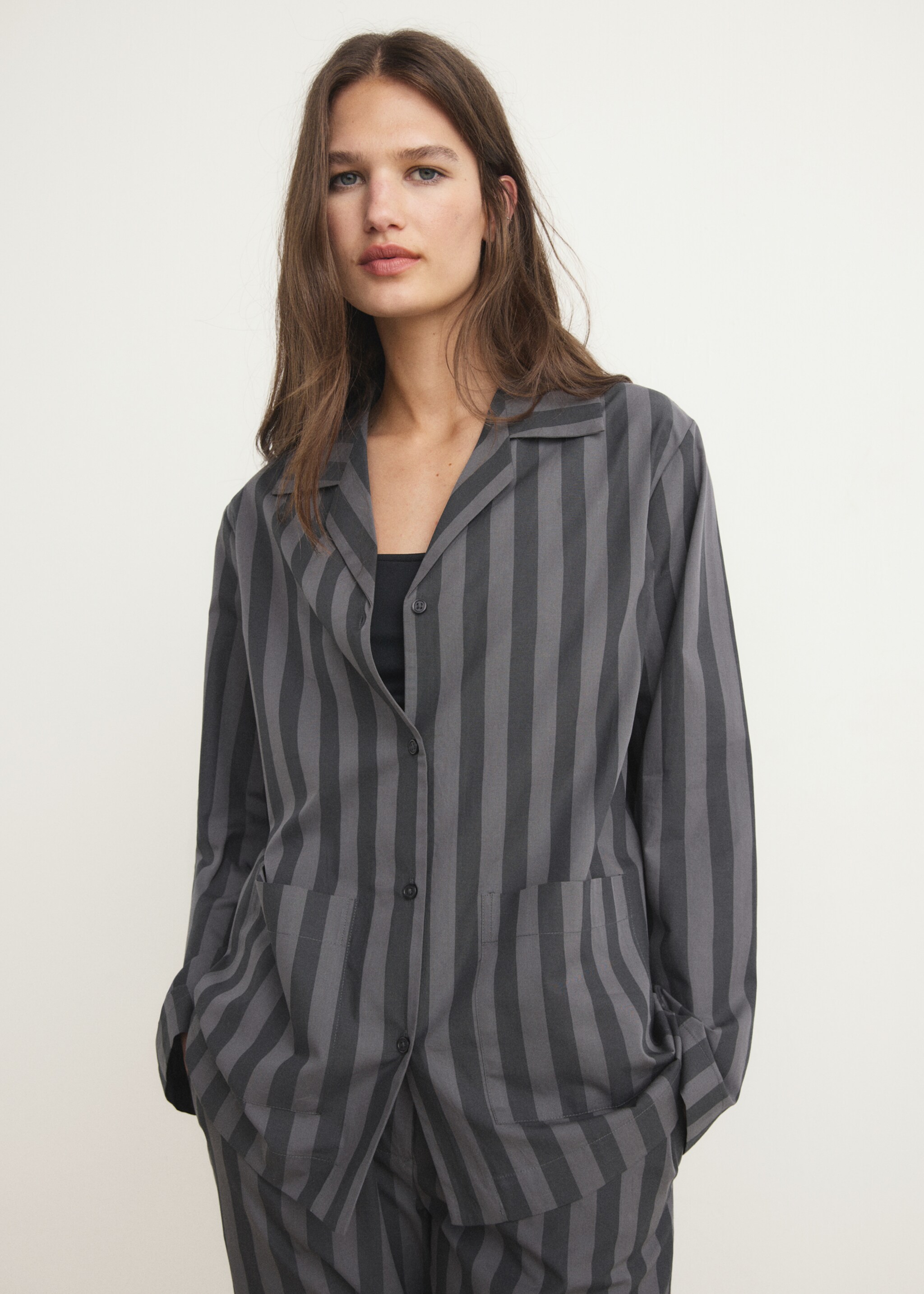 Woven striped pyjama top - Medium plane, Grey. Ref: 17024111-00.