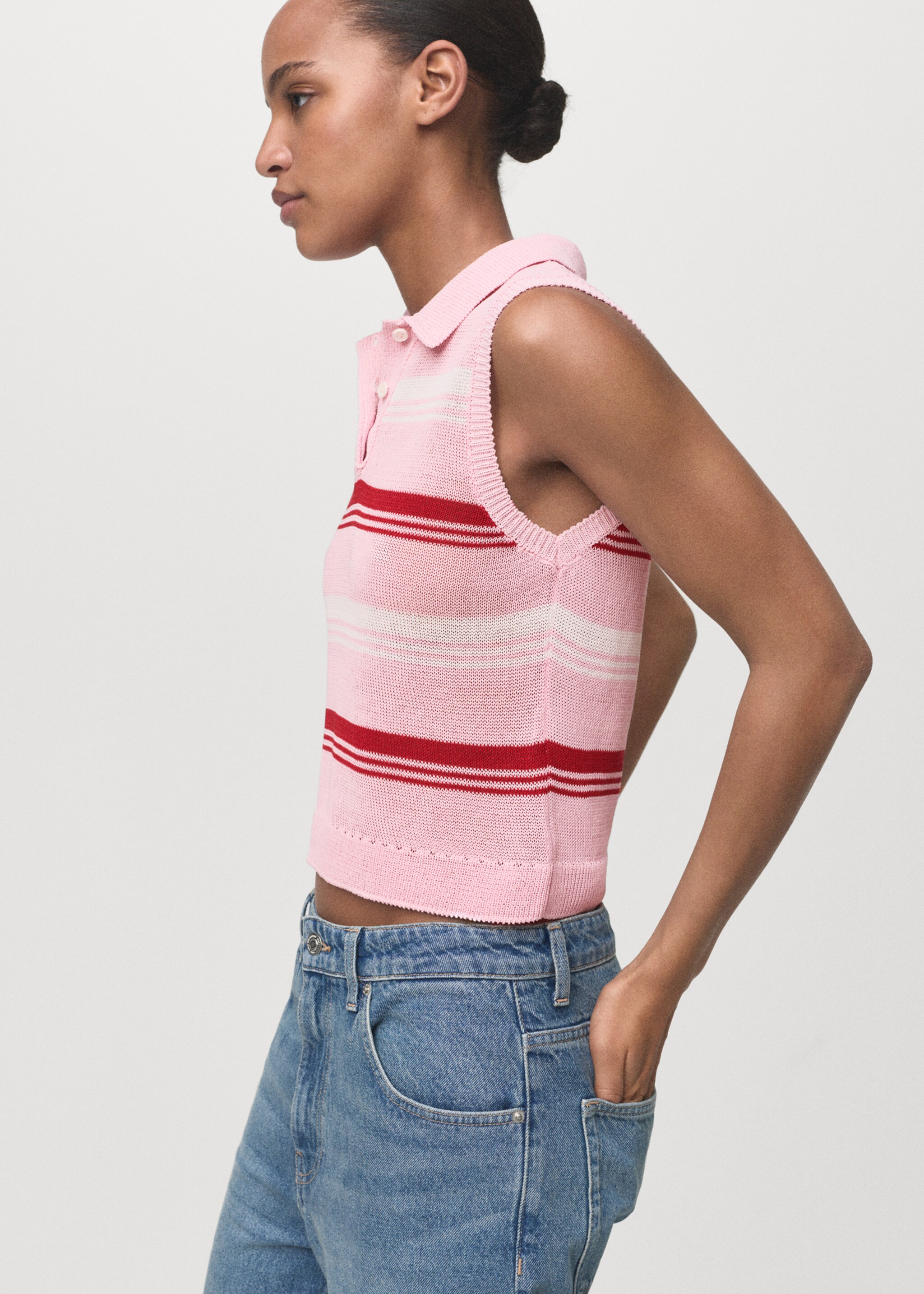 Striped knit top with polo neck - Medium plane, Pastel Pink. Ref: 17024142-00.