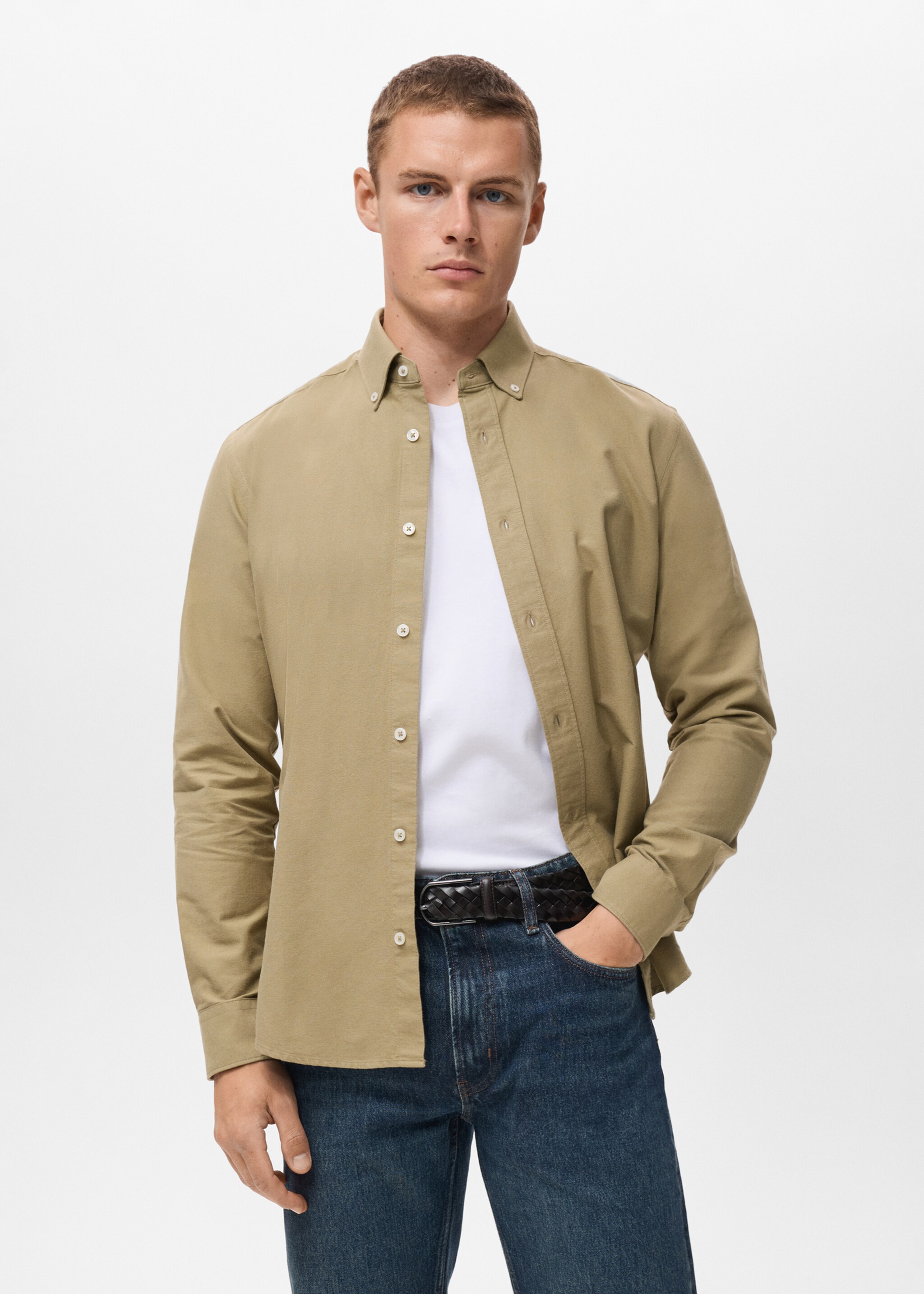 100% cotton Oxford shirt - Medium plane, Khaki. Ref: 17024431-00.