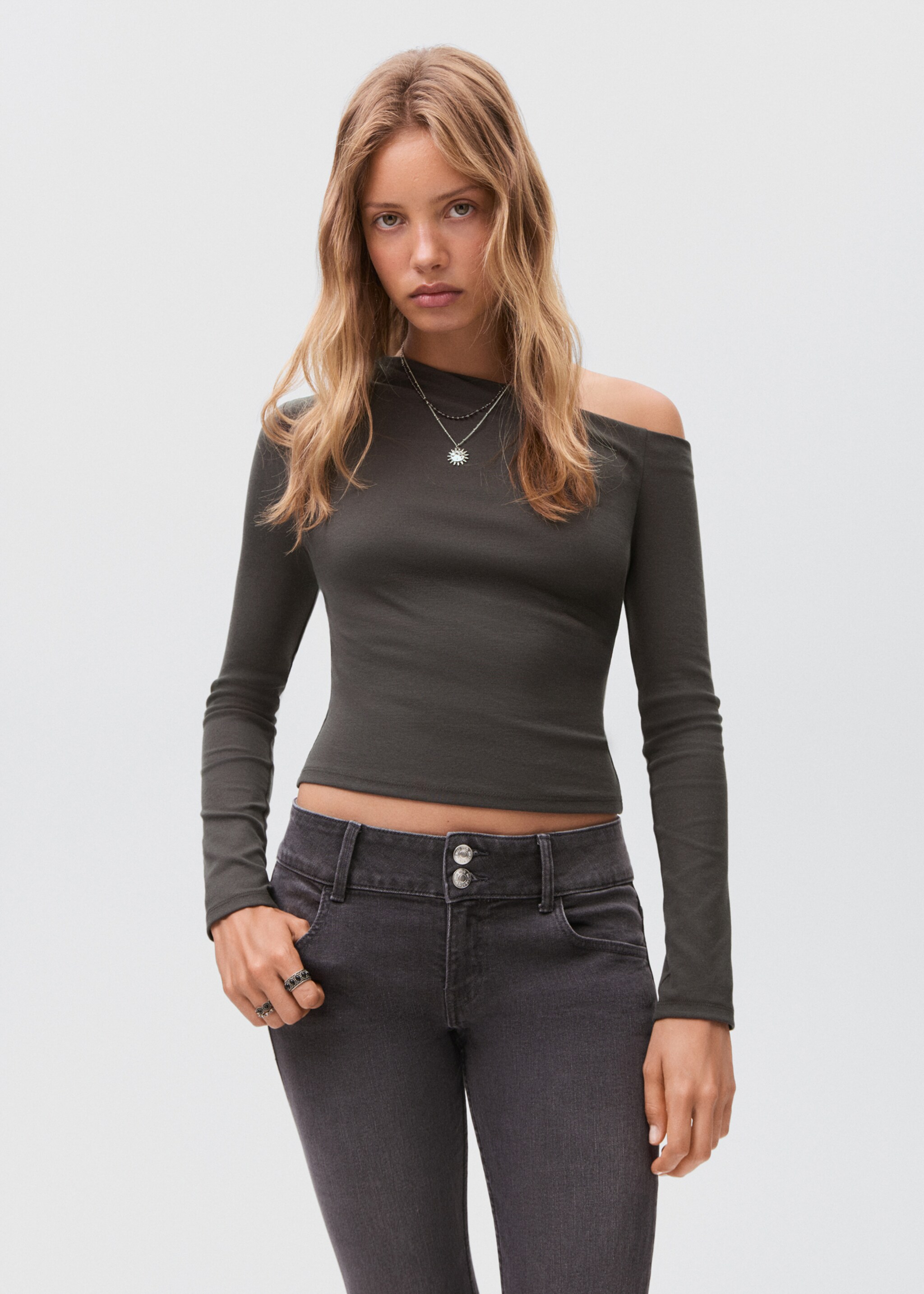Asymmetric cotton T-shirt - Medium plane, Charcoal. Ref: 17024778-00.