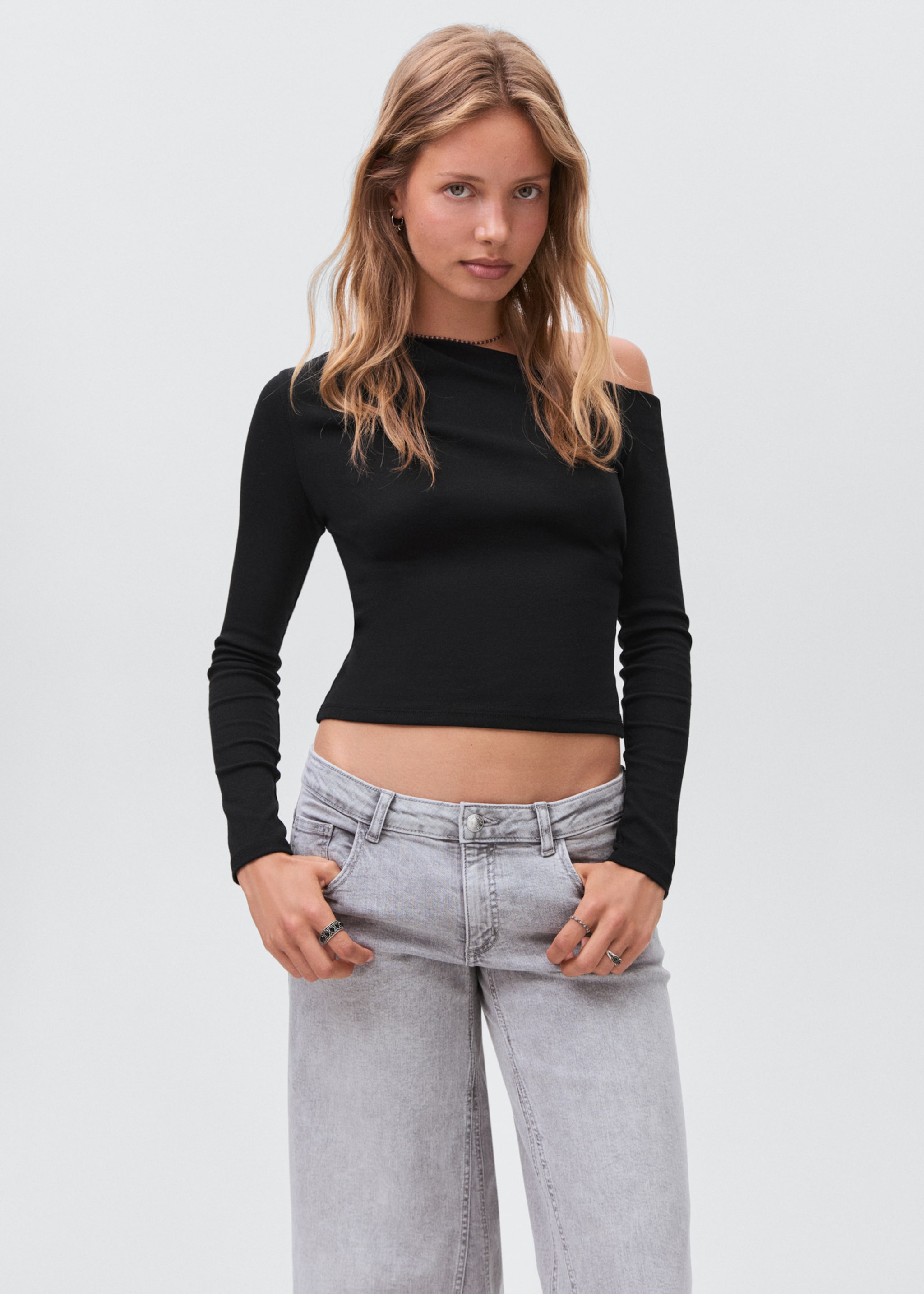Asymmetric cotton T-shirt - Medium plane, Black. Ref: 17024778-00.