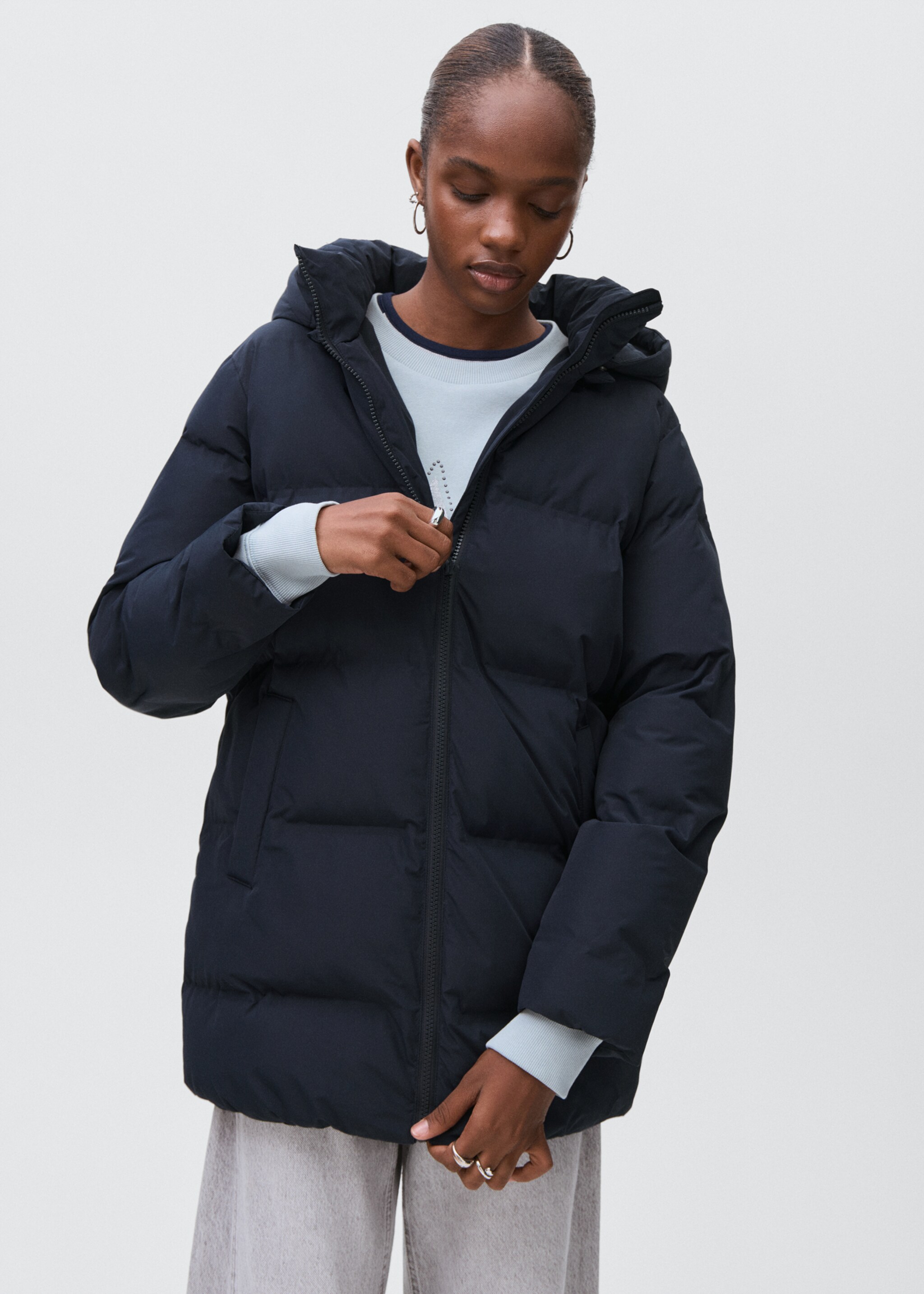 Quilted long coat - Medium plane, Navy. Ref: 17025787-00.