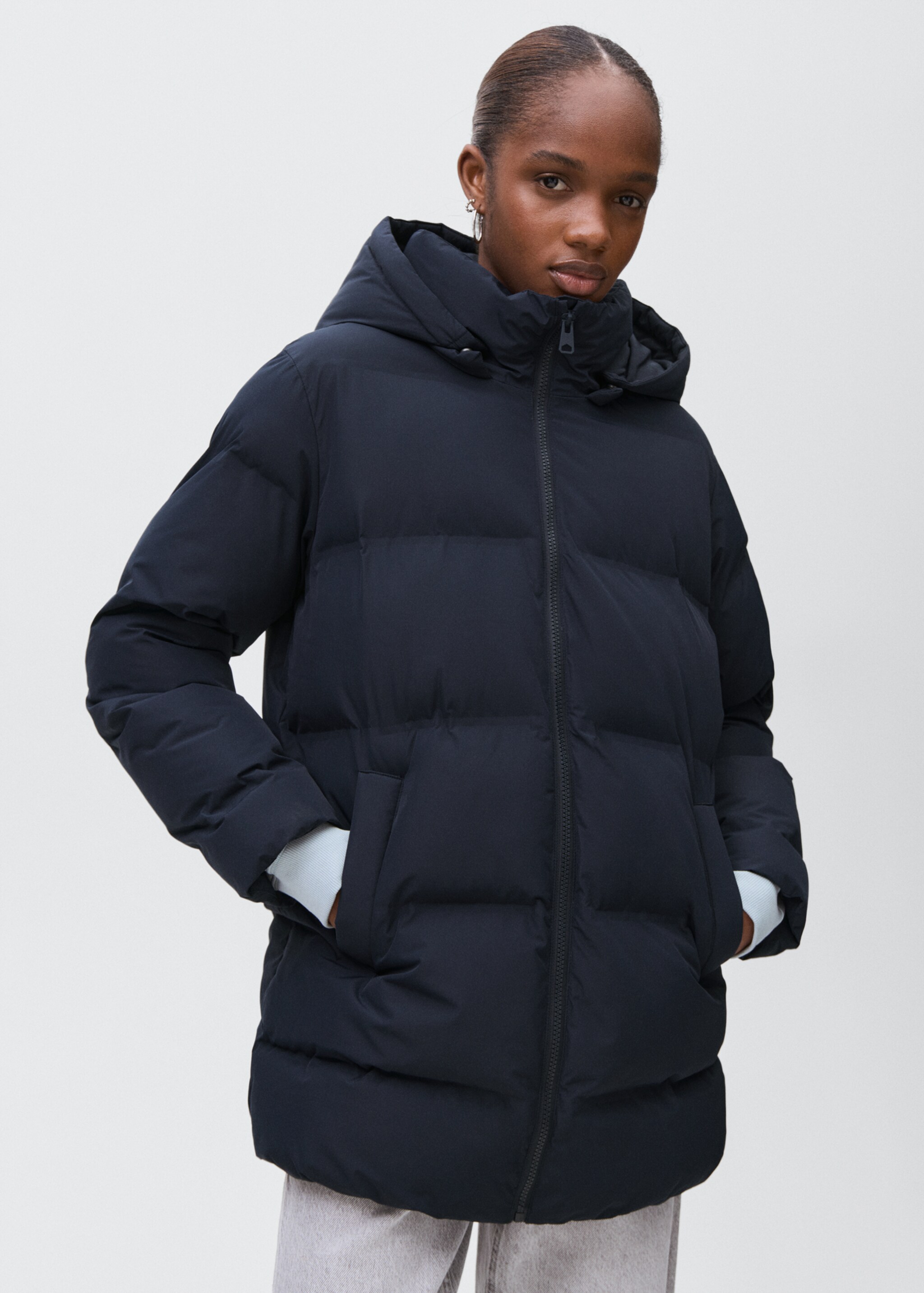 Quilted long coat - Details of the article 2, Navy. Ref: 17025787-00.