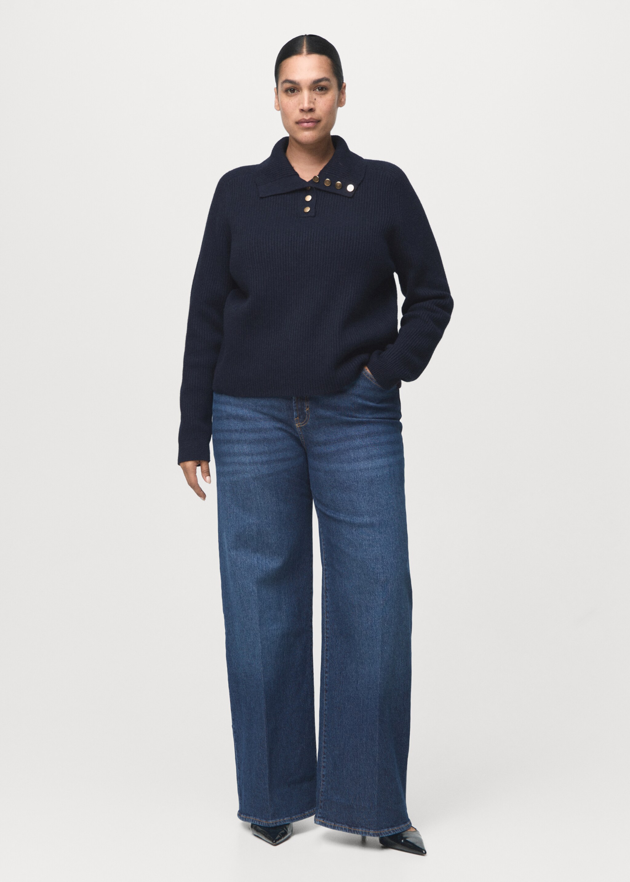 High-waisted wide-leg jeans - Details of the article 3, Dark Blue. Ref: 17025800-00.