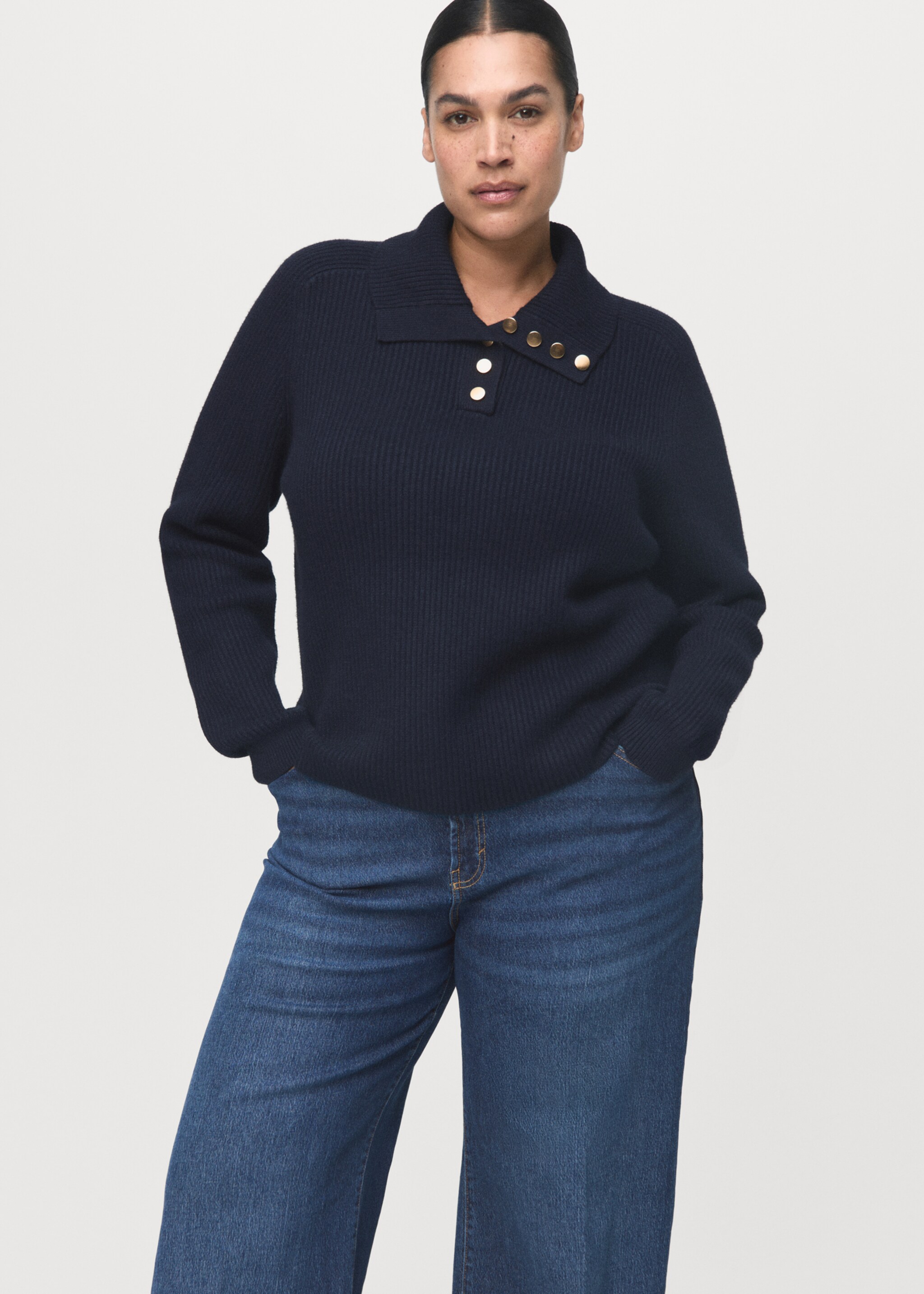 High-waisted wide-leg jeans - Details of the article 5, Dark Blue. Ref: 17025800-00.