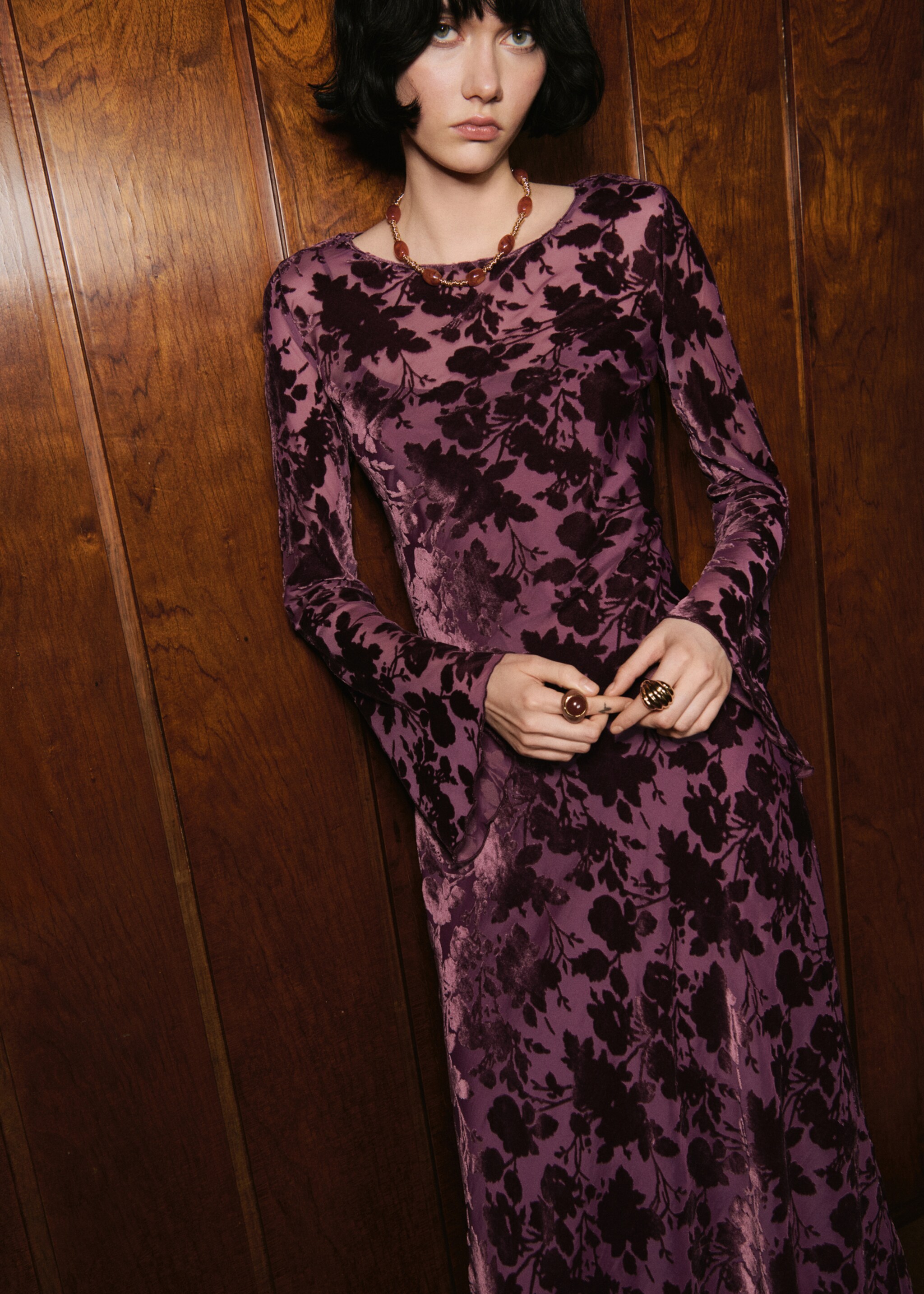 Floral jacquard dress with bell sleeves - Medium plane, Burgundy. Ref: 17025814-00.
