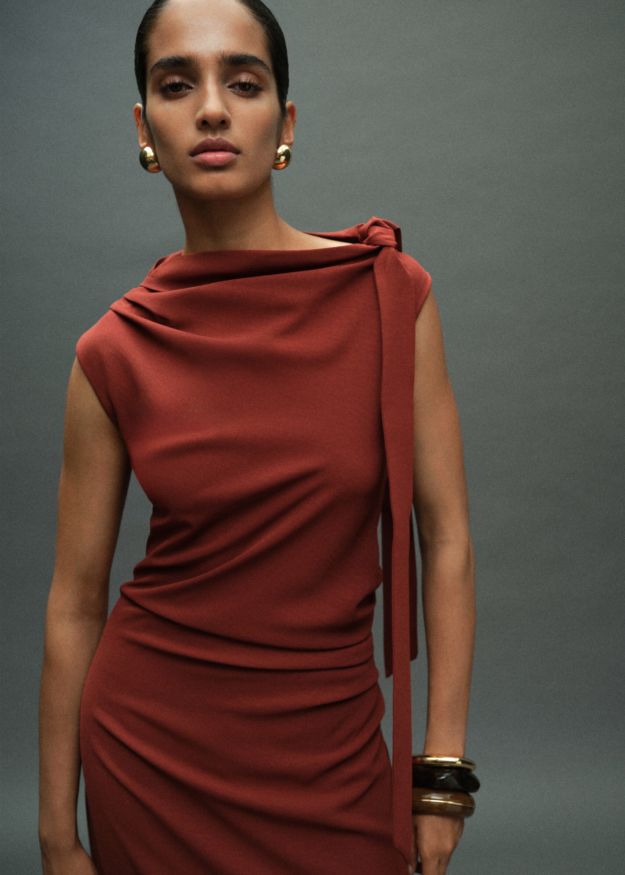 Ruched dress with knot detail - Medium plane, Burnt Orange. Ref: 17025822-00.