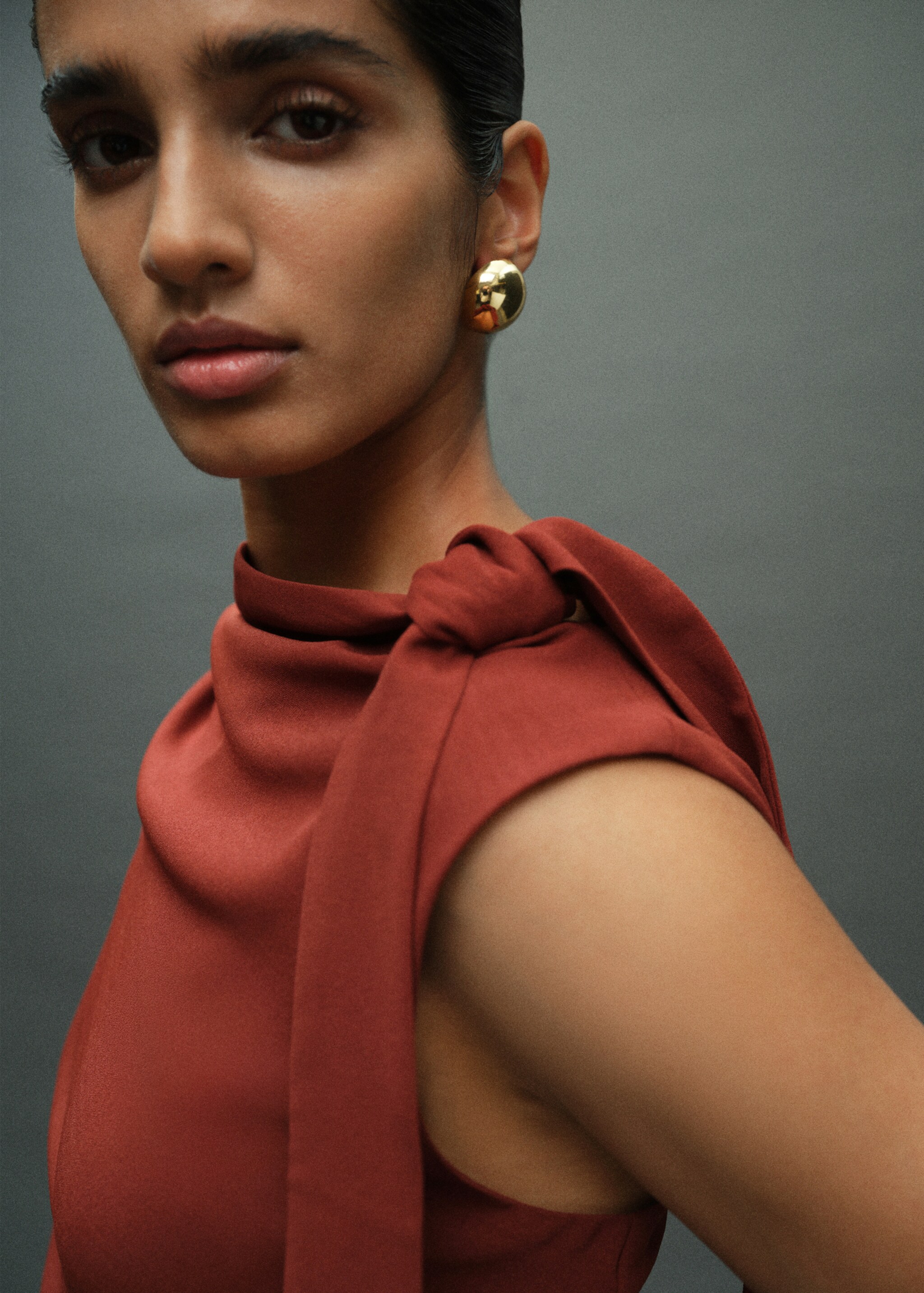 Ruched dress with knot detail - Details of the article 1, Burnt Orange. Ref: 17025822-00.