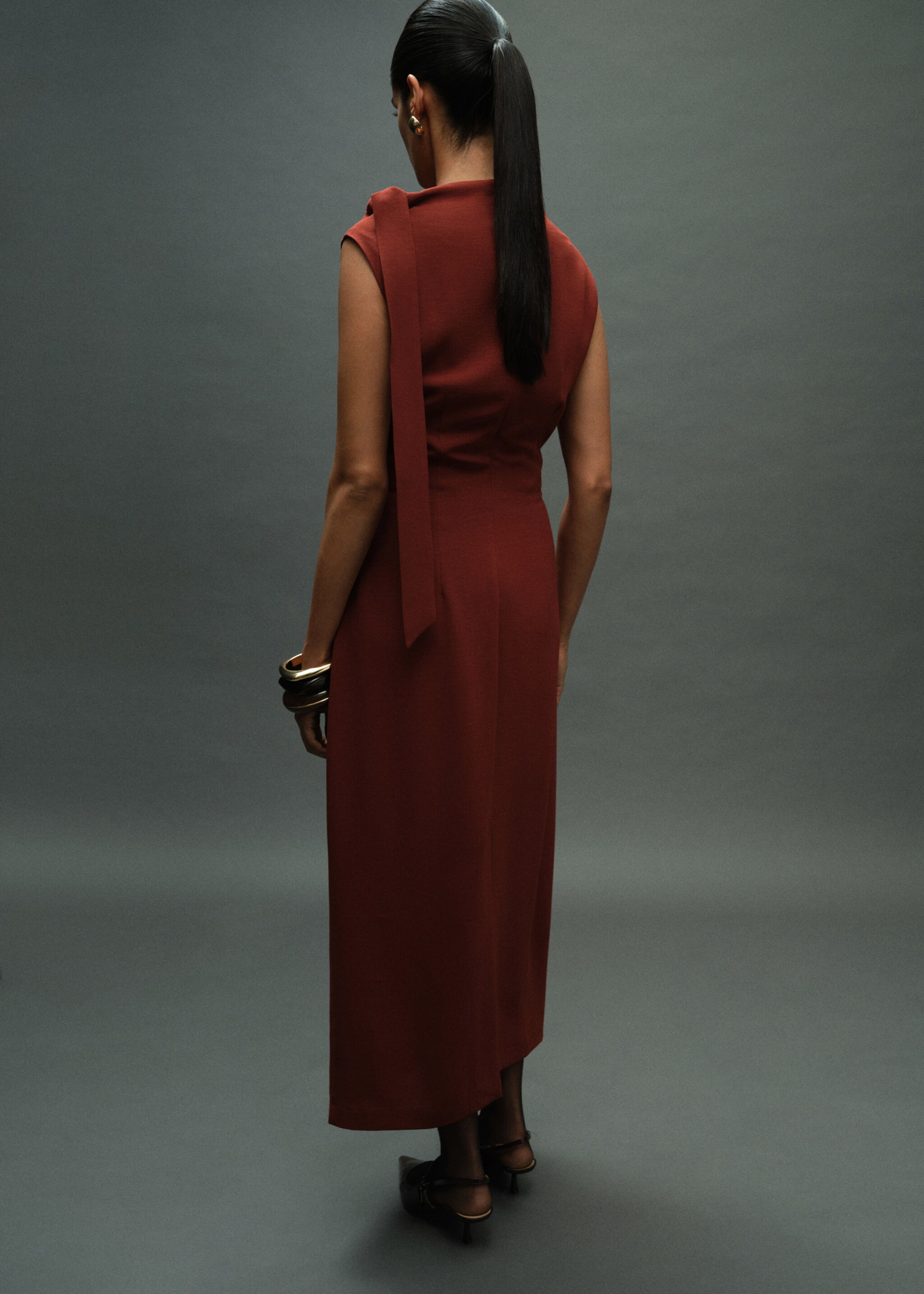Ruched dress with knot detail - Reverse of the article, Burnt Orange. Ref: 17025822-00.