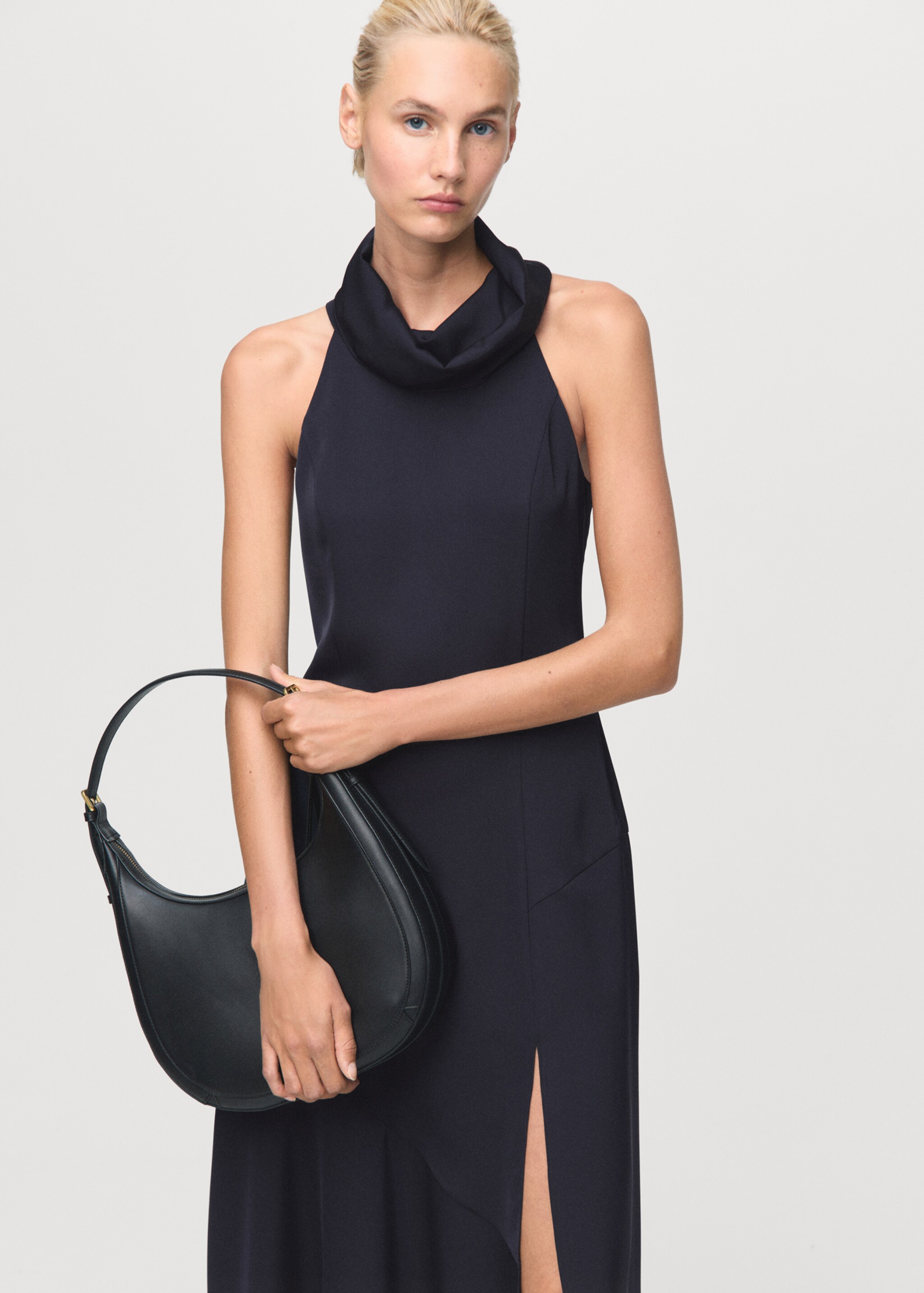 Draped neck dress with opening - Medium plane, Navy. Ref: 17025823-00.