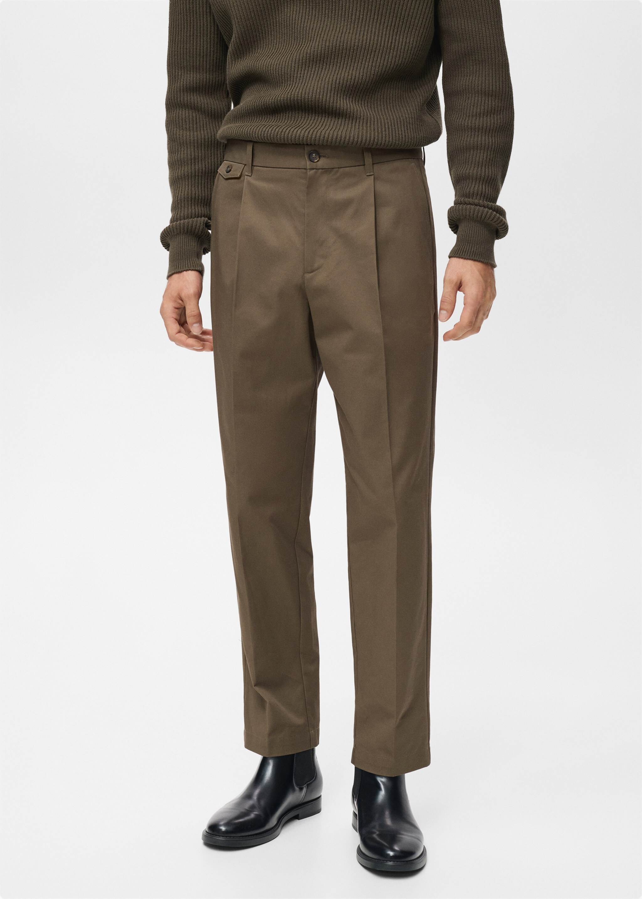 Pantalon regular fit coton pinces - Plan moyen, Marron. Ref: 17025970-00.