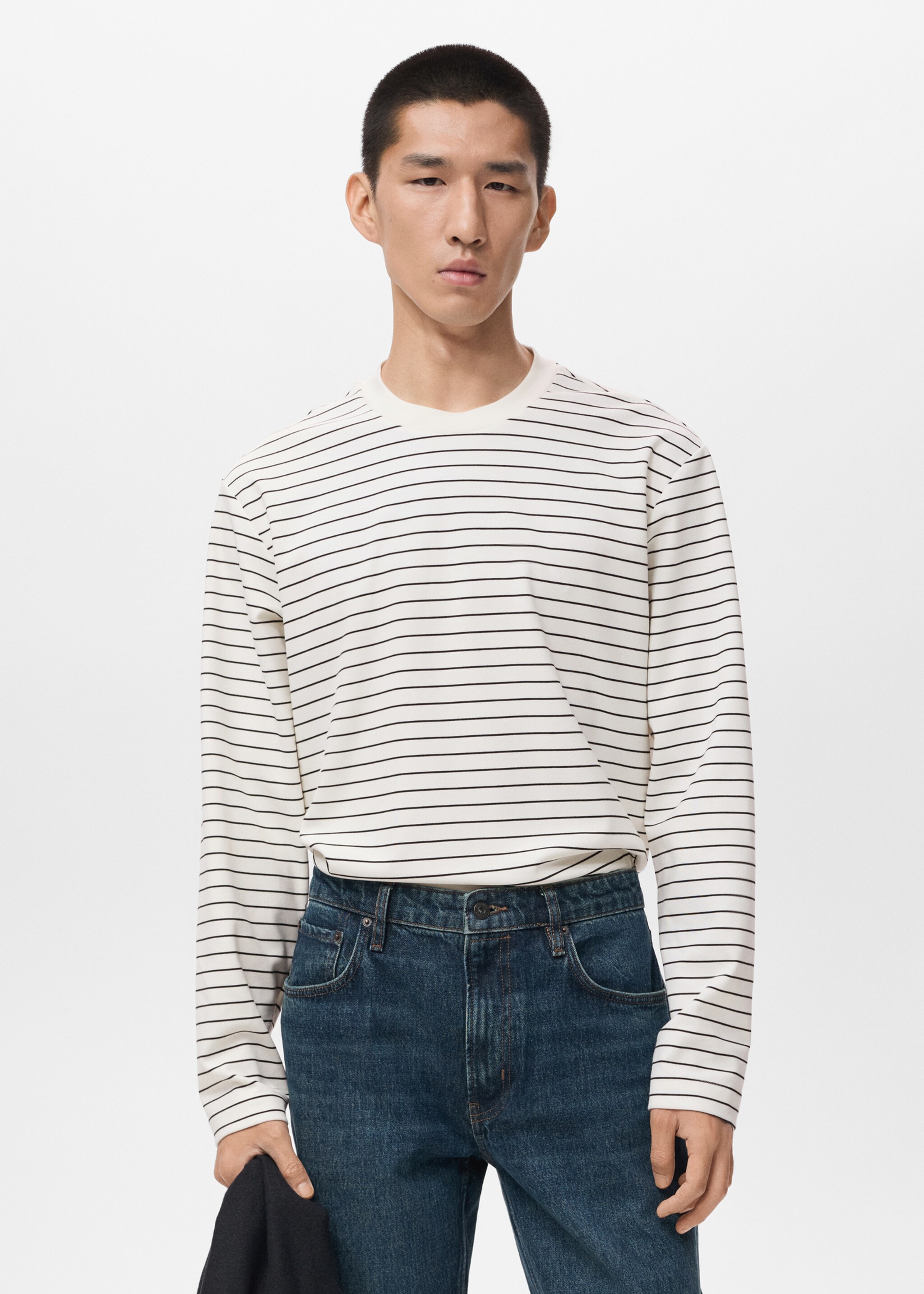 Striped long sleeves t-shirt - Medium plane, Ecru. Ref: 17025978-00.