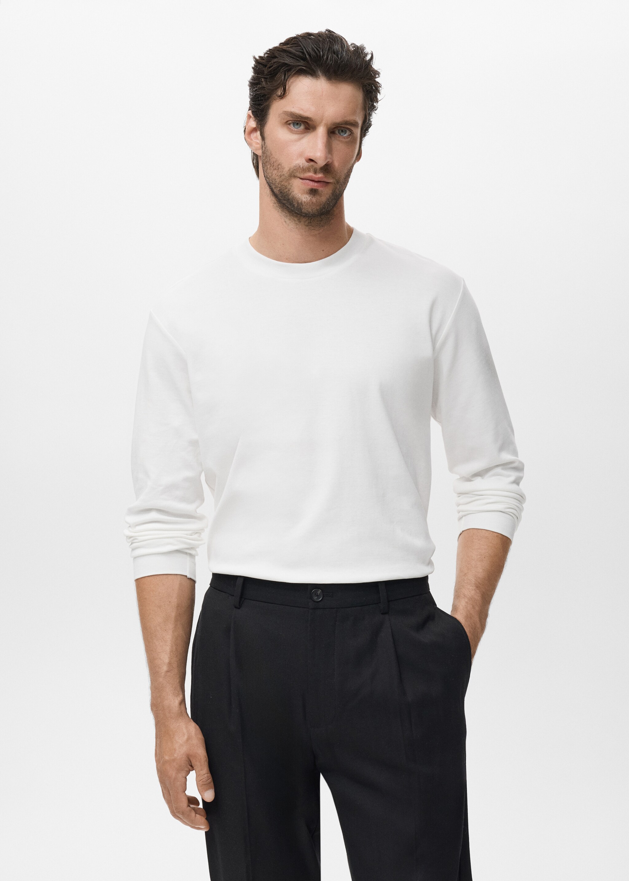 Long sleeve regular fit T-shirt - Medium plane, White. Ref: 17025979-00.
