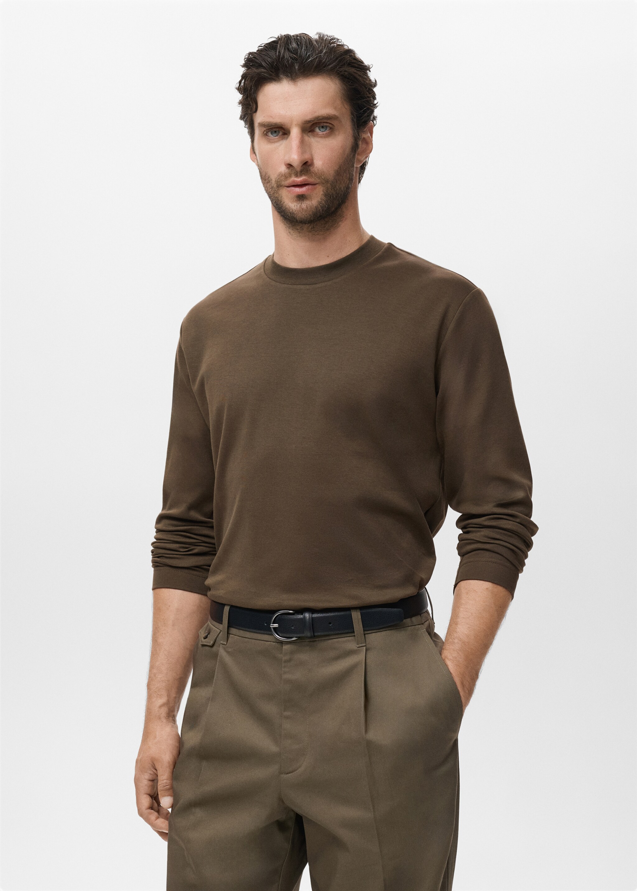 Long sleeve regular fit T-shirt - Medium plane, Olive Green. Ref: 17025979-00.