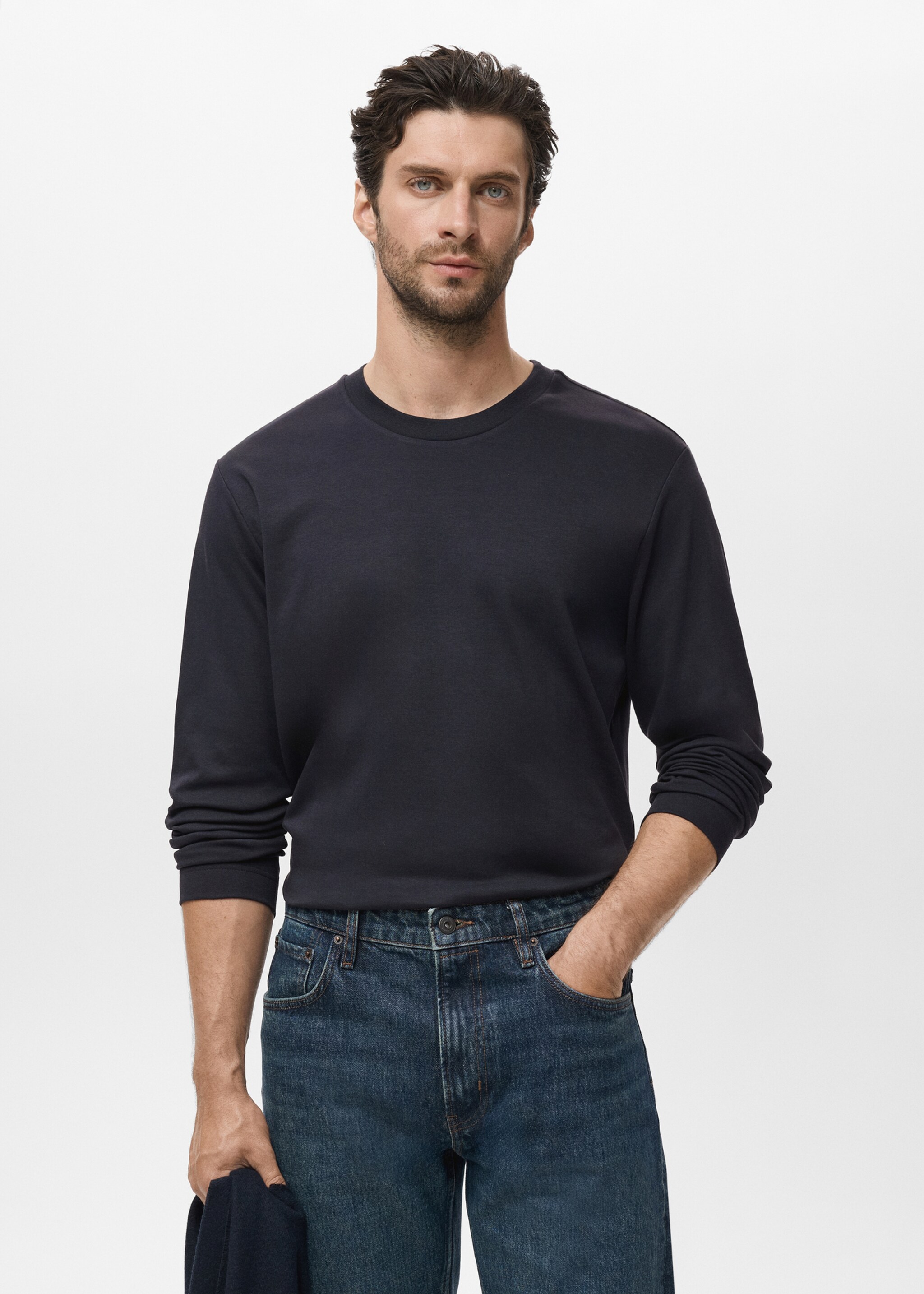 Long sleeve regular fit T-shirt - Medium plane, Navy. Ref: 17025979-00.