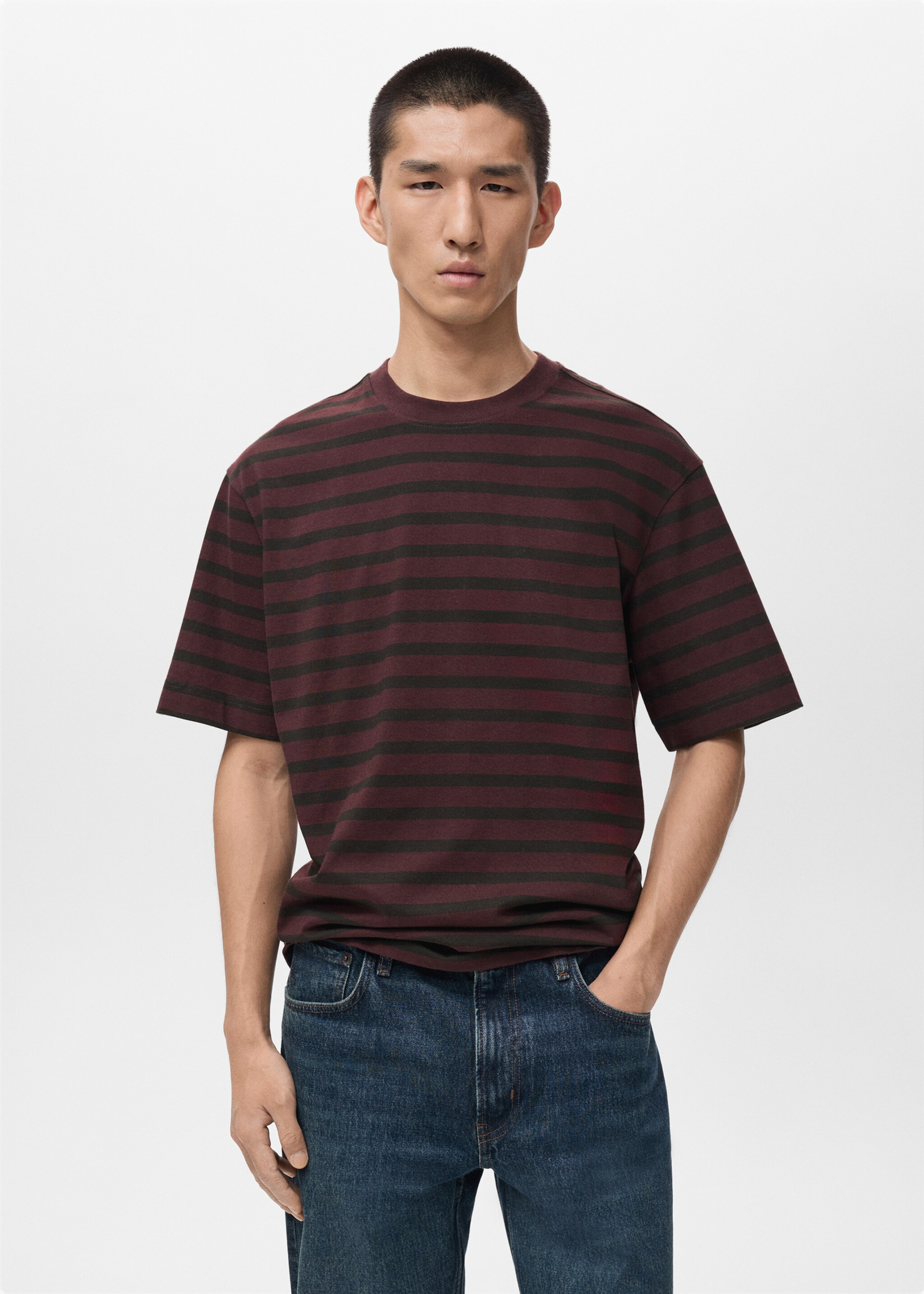 Gestreepte T-shirt 100% katoen relaxed fit - Middenvlak, Wijnrood. Ref: 17025980-00.