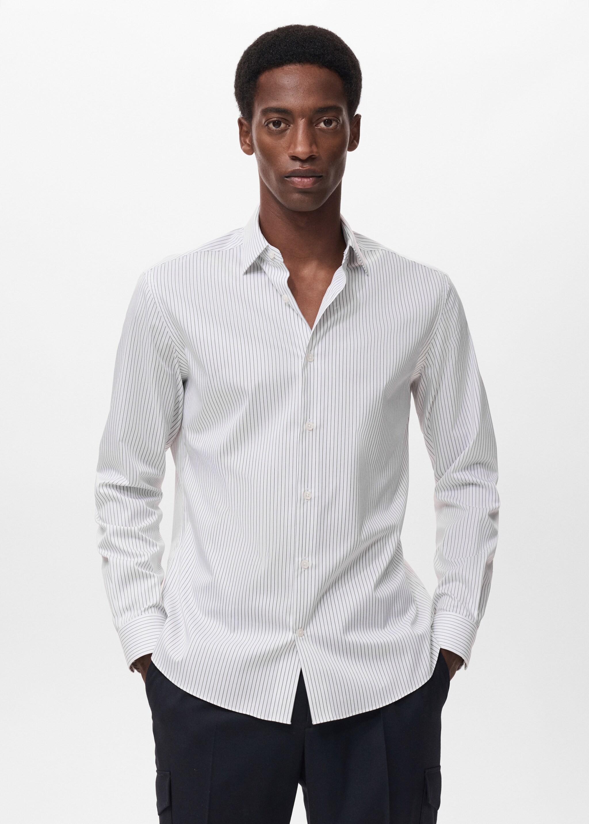 Regular-fit striped cotton shirt - Medium plane, Khaki. Ref: 17025982-00.