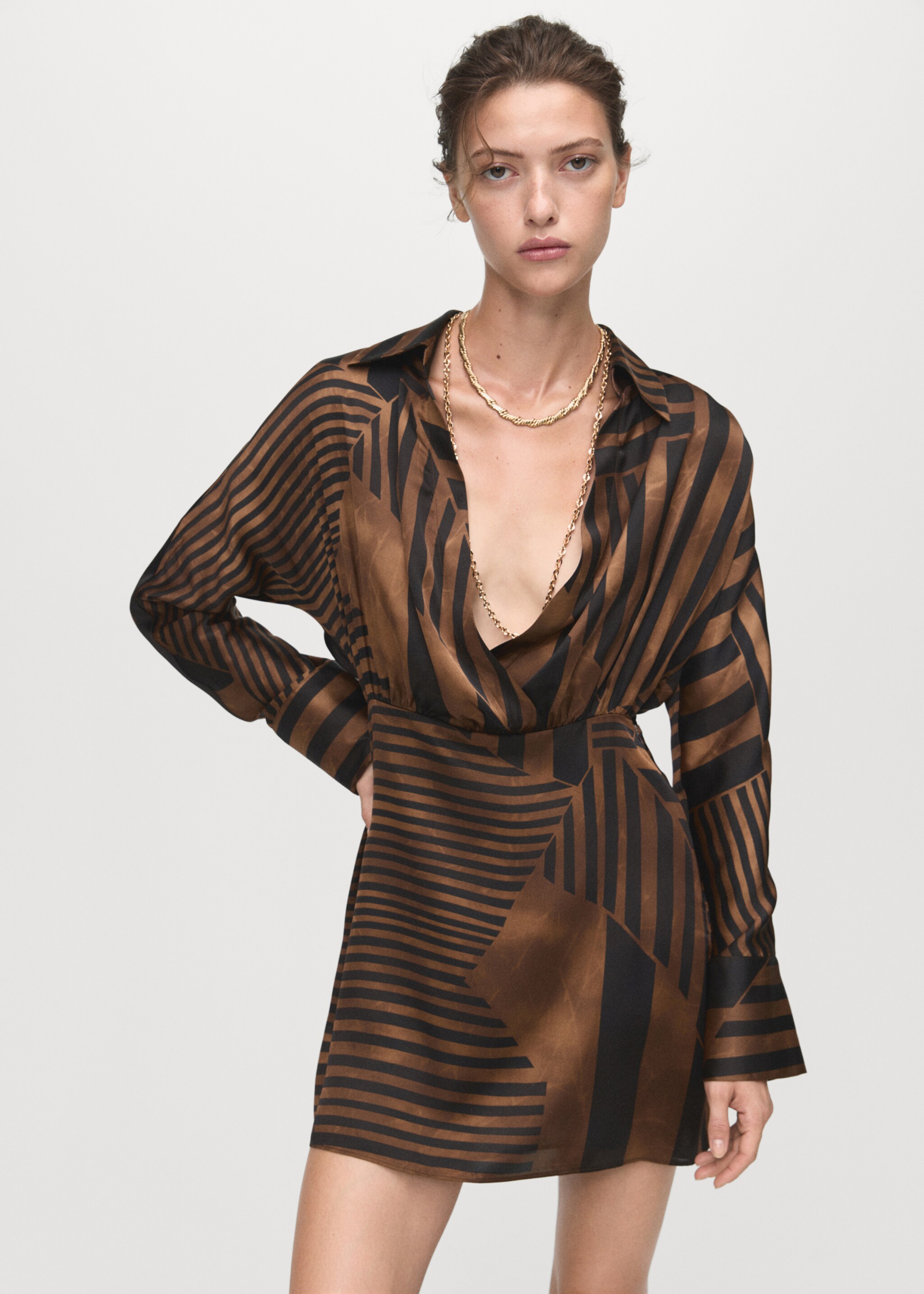 Striped satin dress - Medium plane, Brown. Ref: 17026005-00.