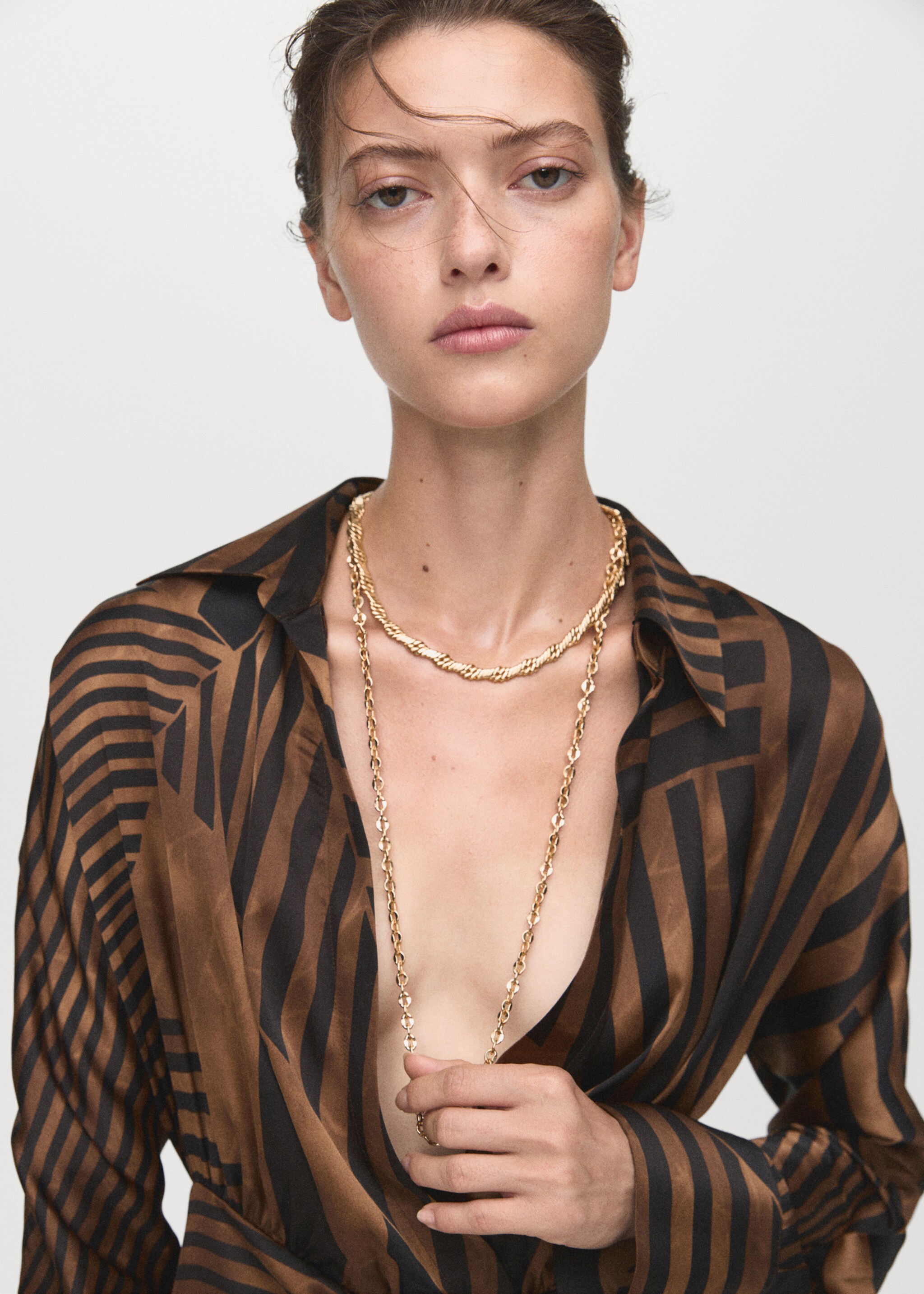 Striped satin dress - Details of the article 1, Brown. Ref: 17026005-00.
