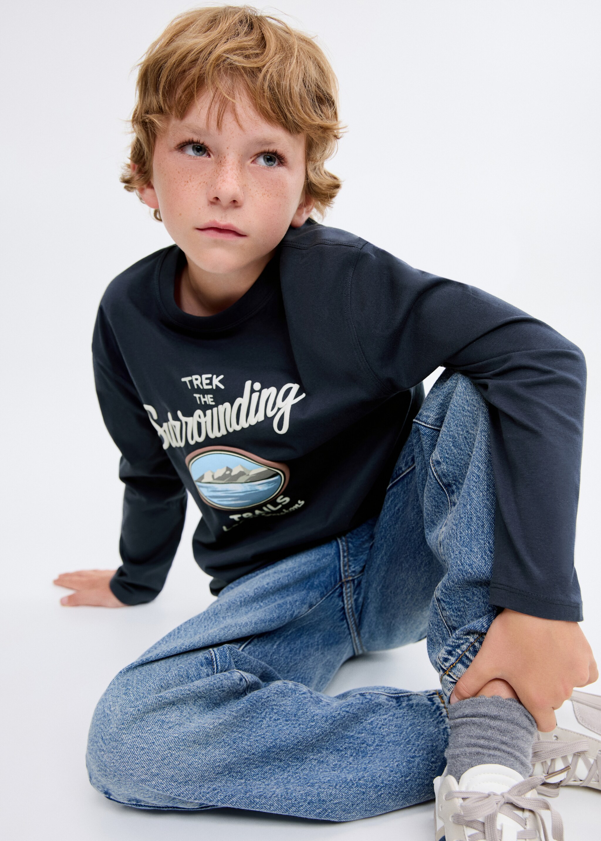 Printed cotton-blend T-shirt - Medium plane, Navy. Ref: 17026341-00.