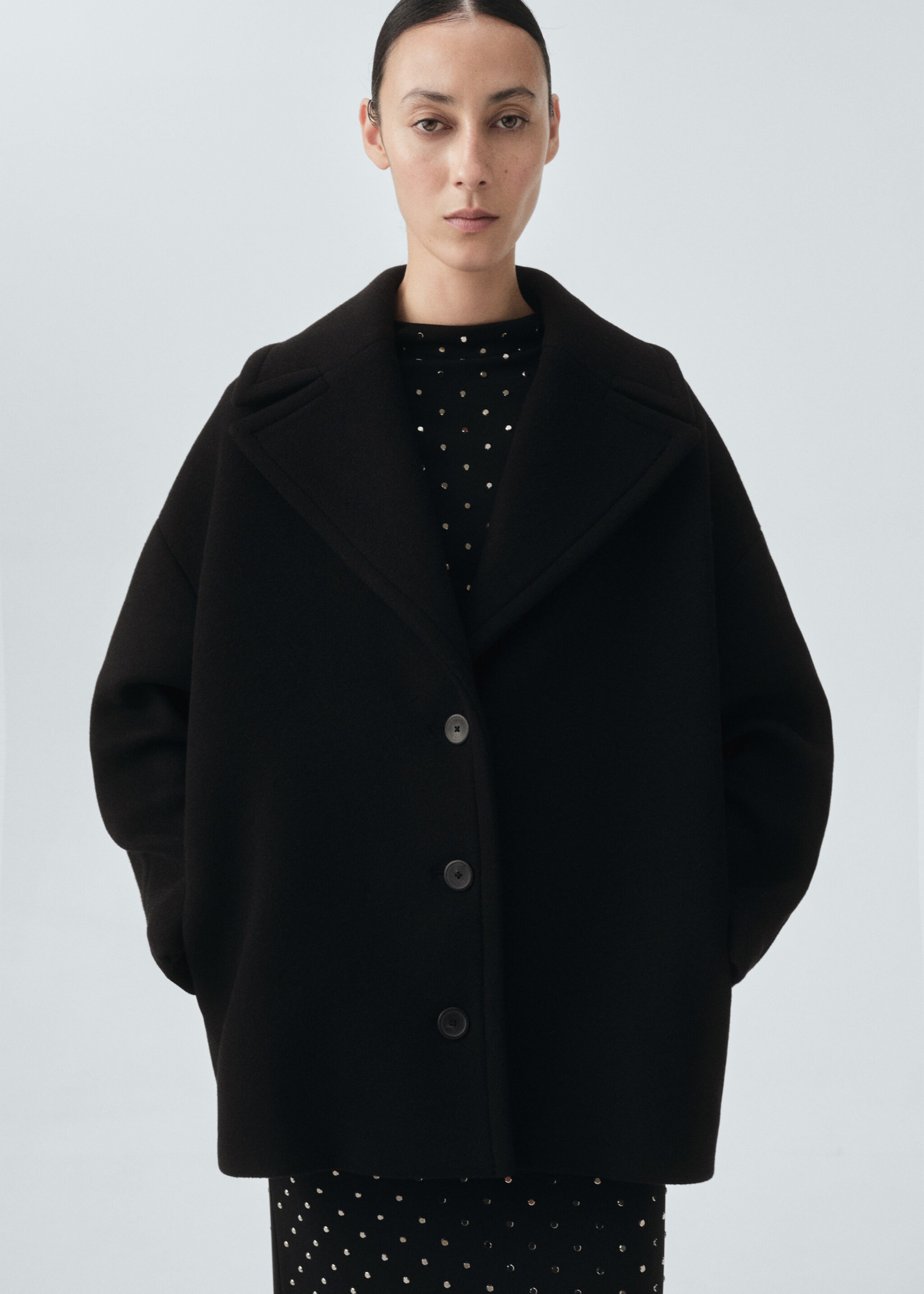 Manteau court en laine oversize - Plan moyen, Noir. Ref: 17026359-00.