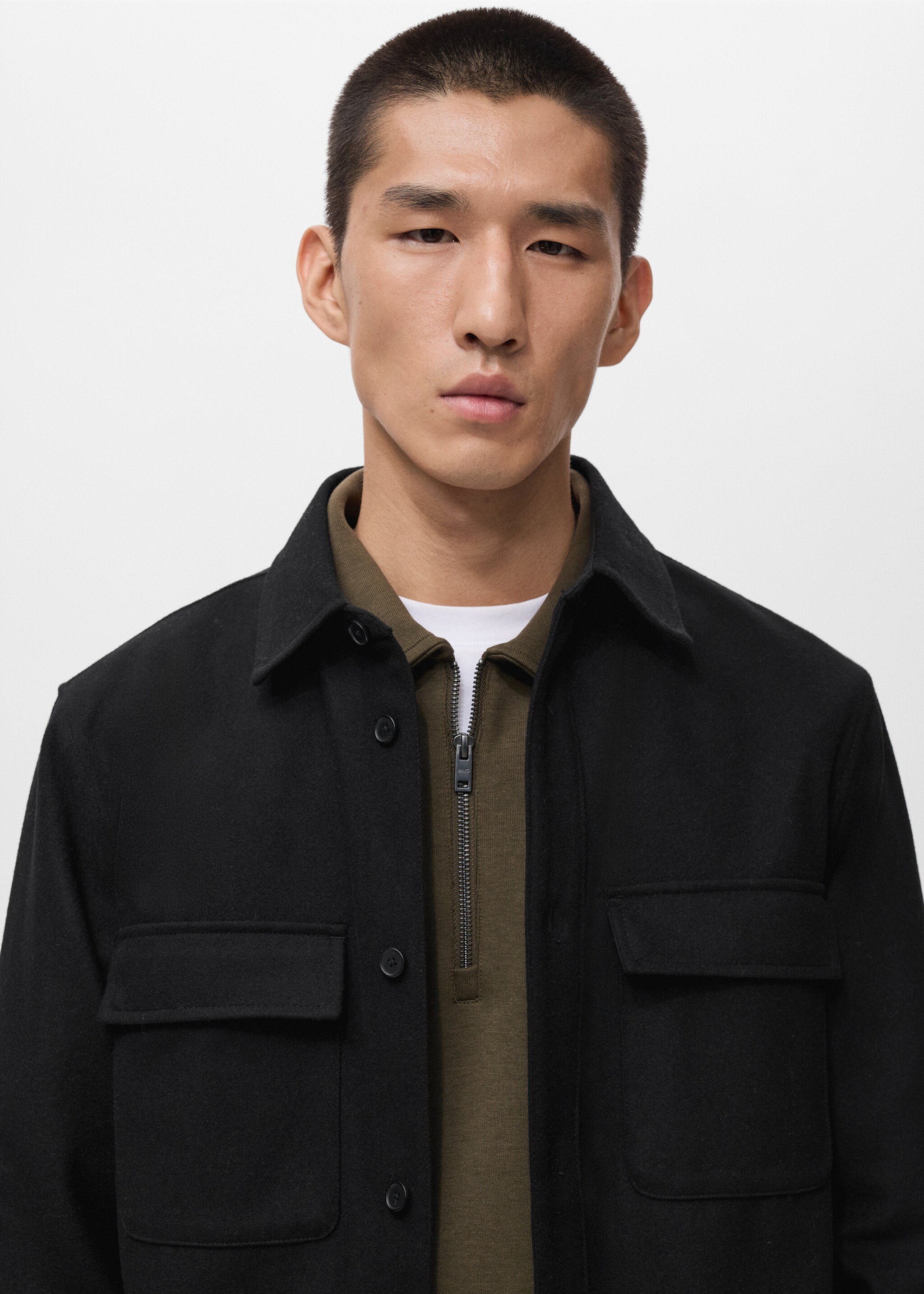 Wool overshirt with pockets - Details of the article 1, Black. Ref: 17026724-00.