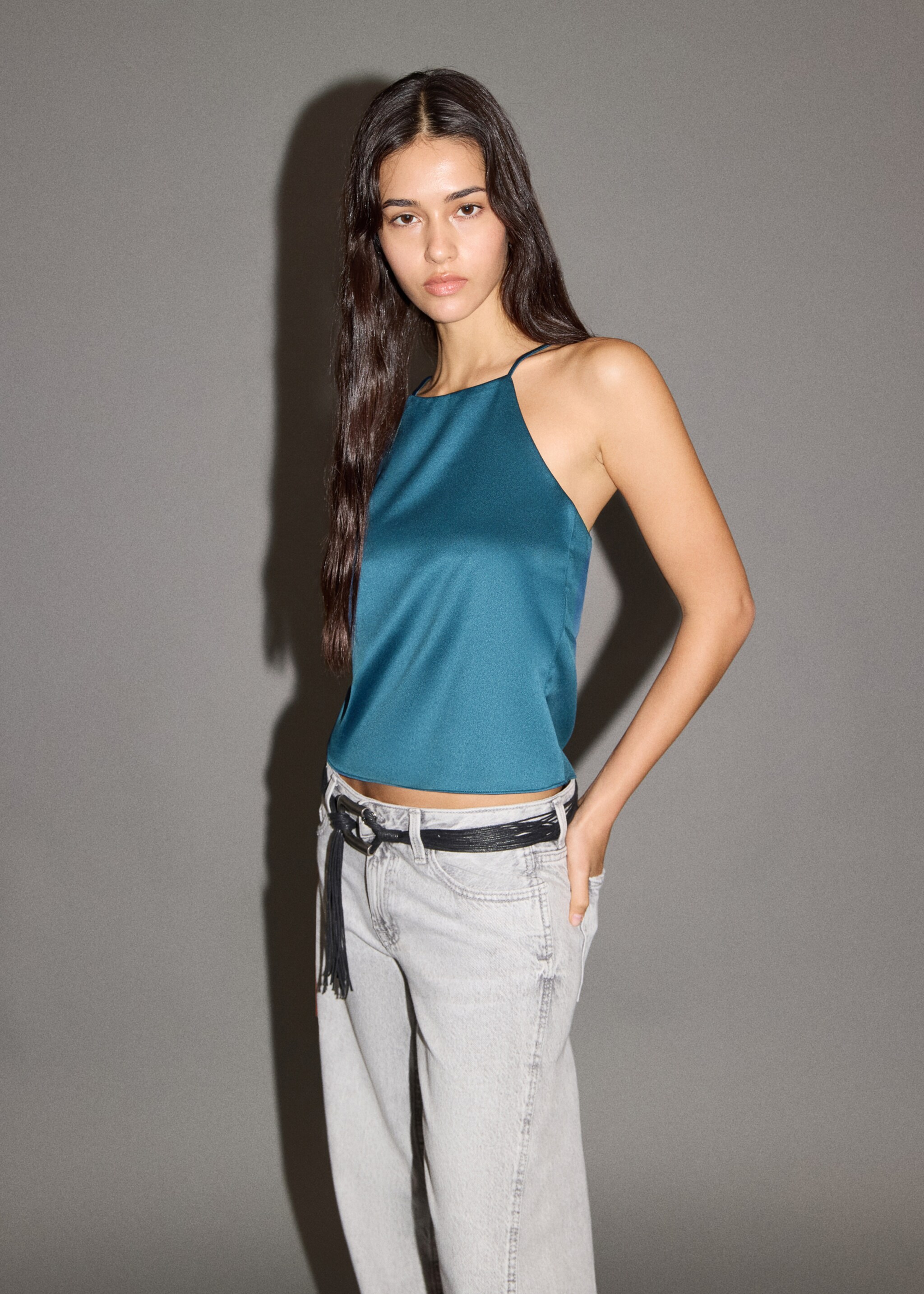 Satin halter-neck top - Medium plane, Navy. Ref: 17027785-00.