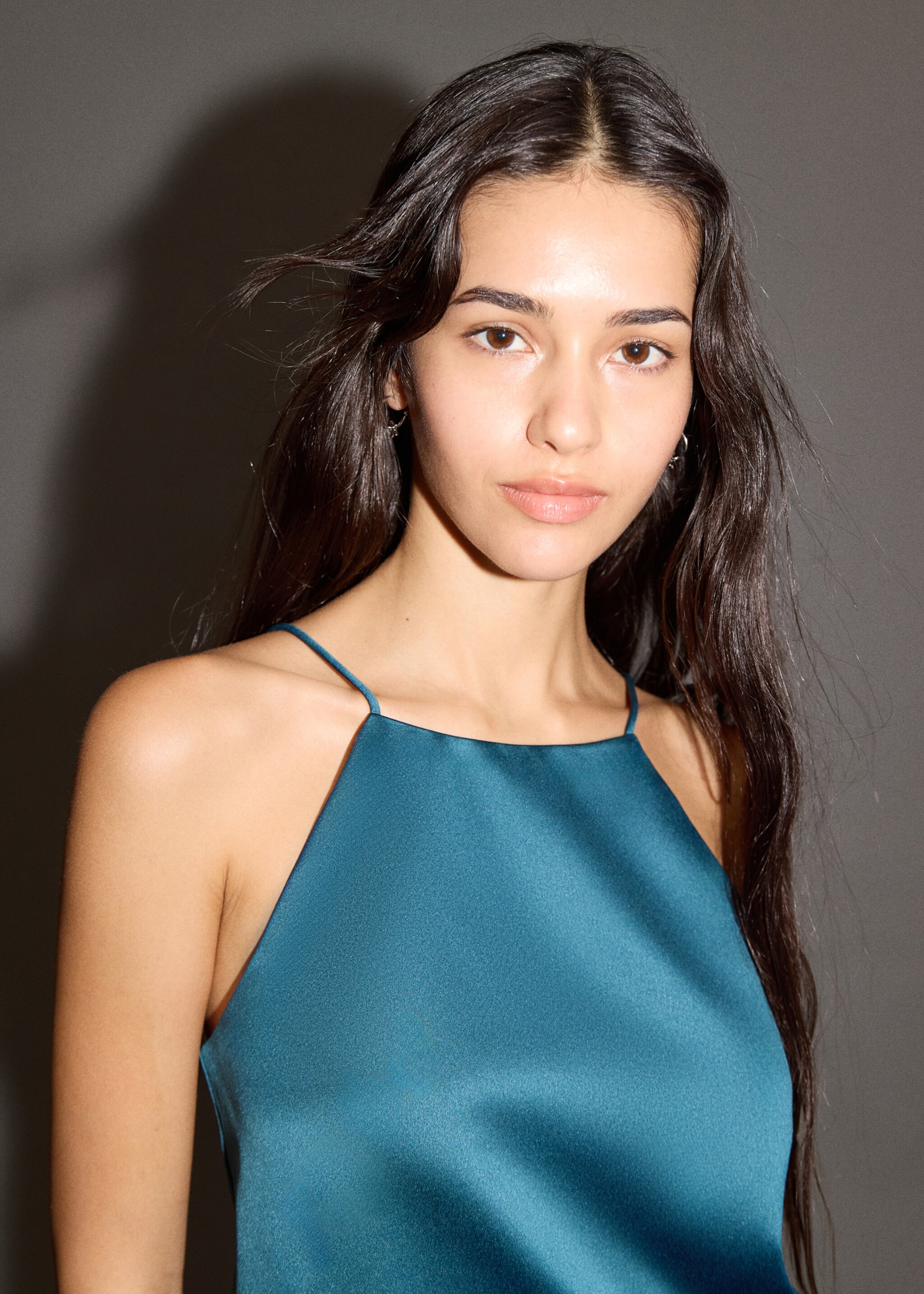 Satin halter-neck top - Details of the article 1, Navy. Ref: 17027785-00.