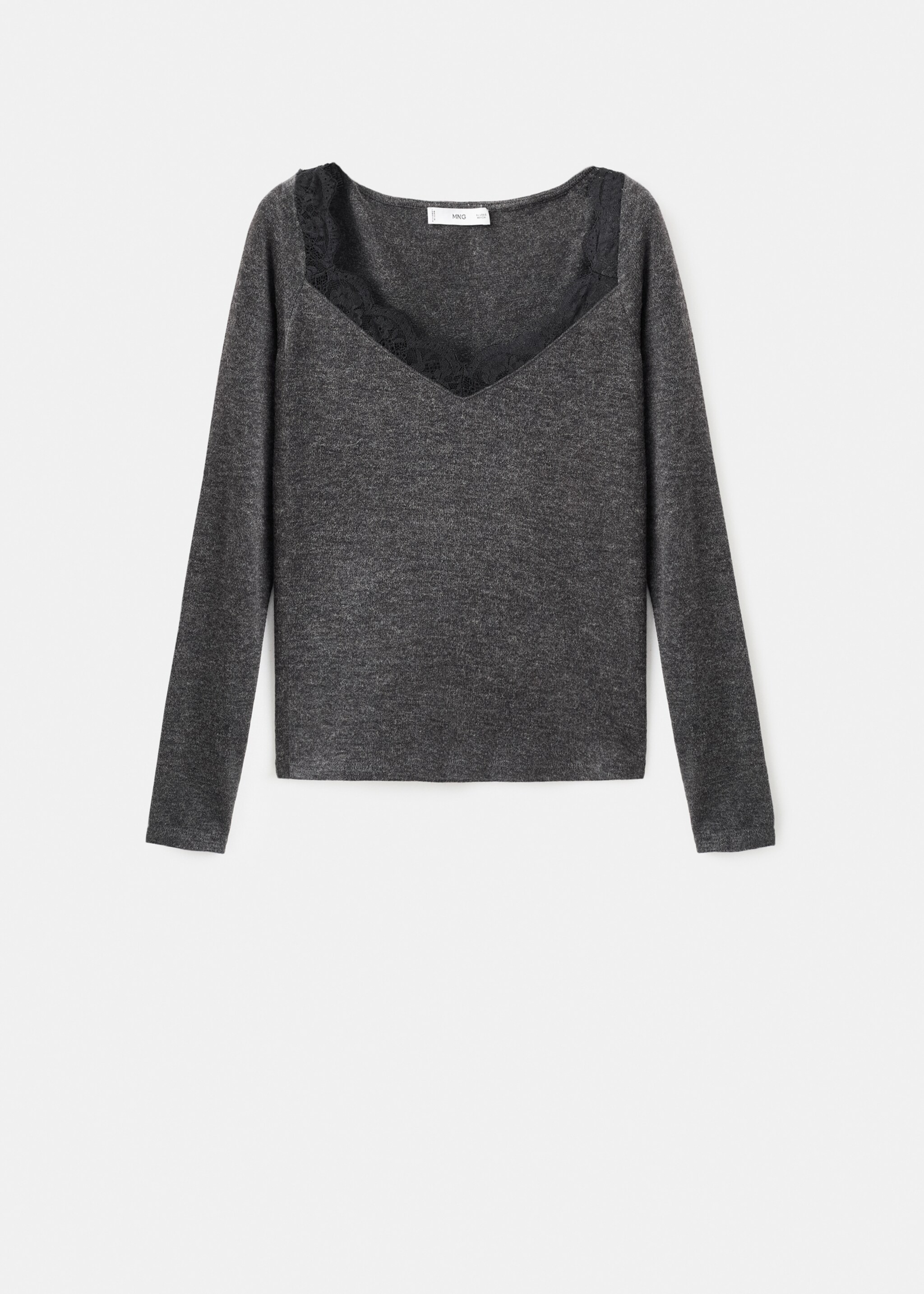 T-shirt col échancré en dentelle - Article sans modèle, Gris chiné moyen. Ref: 17027802-00.