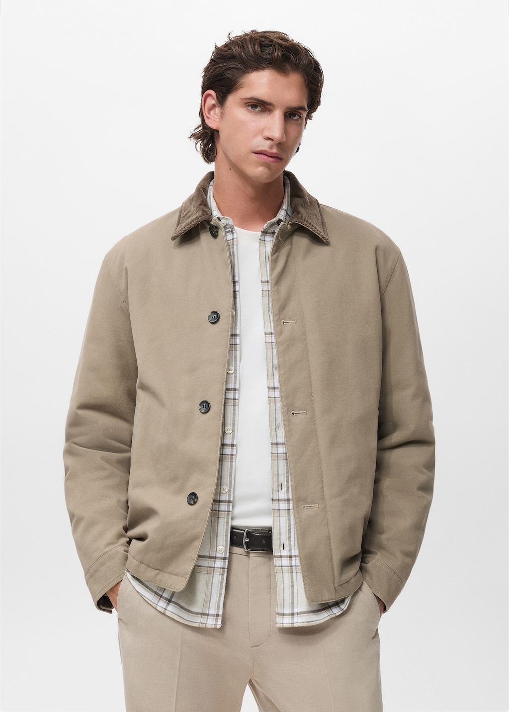 Quilted jacket with corduroy collar