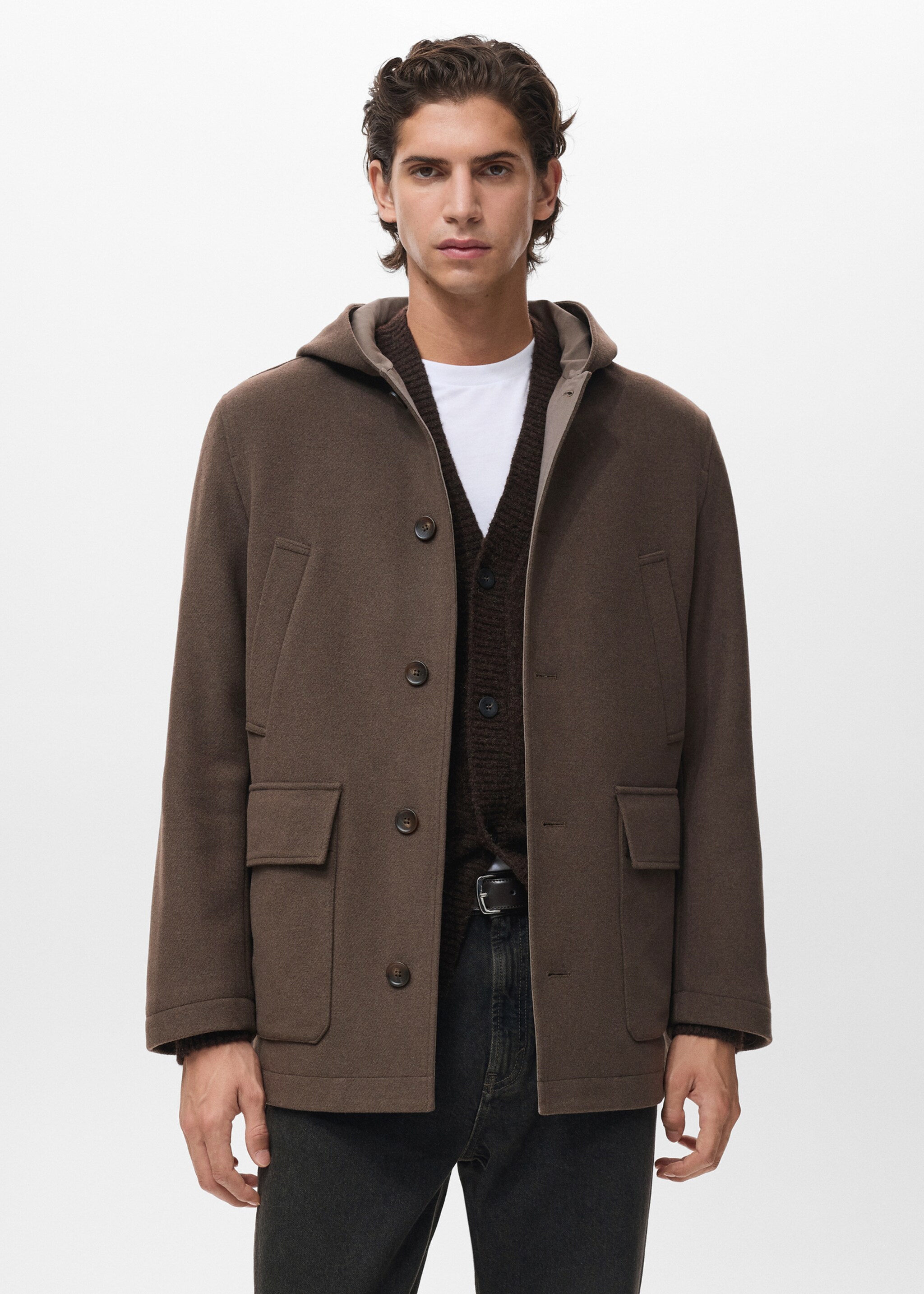 Hooded wool coat - Medium plane, Medium Brown. Ref: 17027891-00.