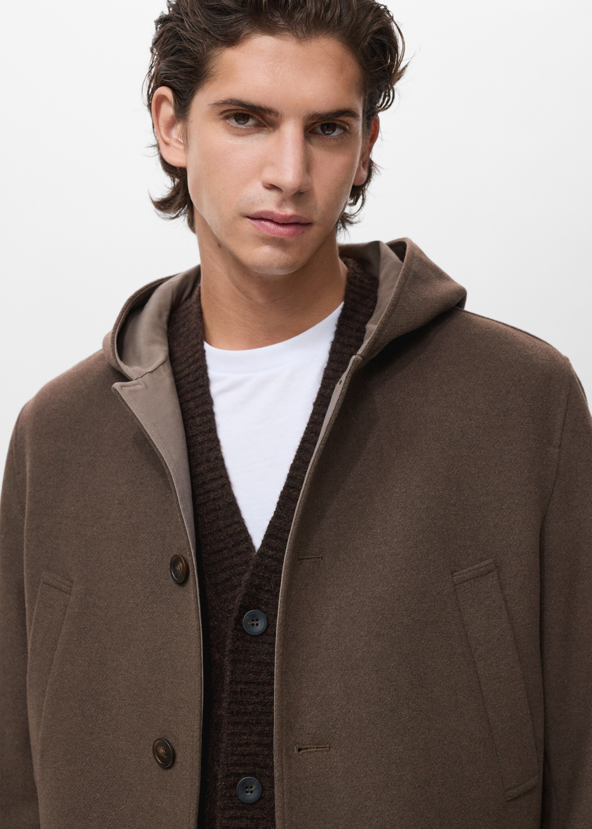Hooded wool coat - Details of the article 1, Medium Brown. Ref: 17027891-00.