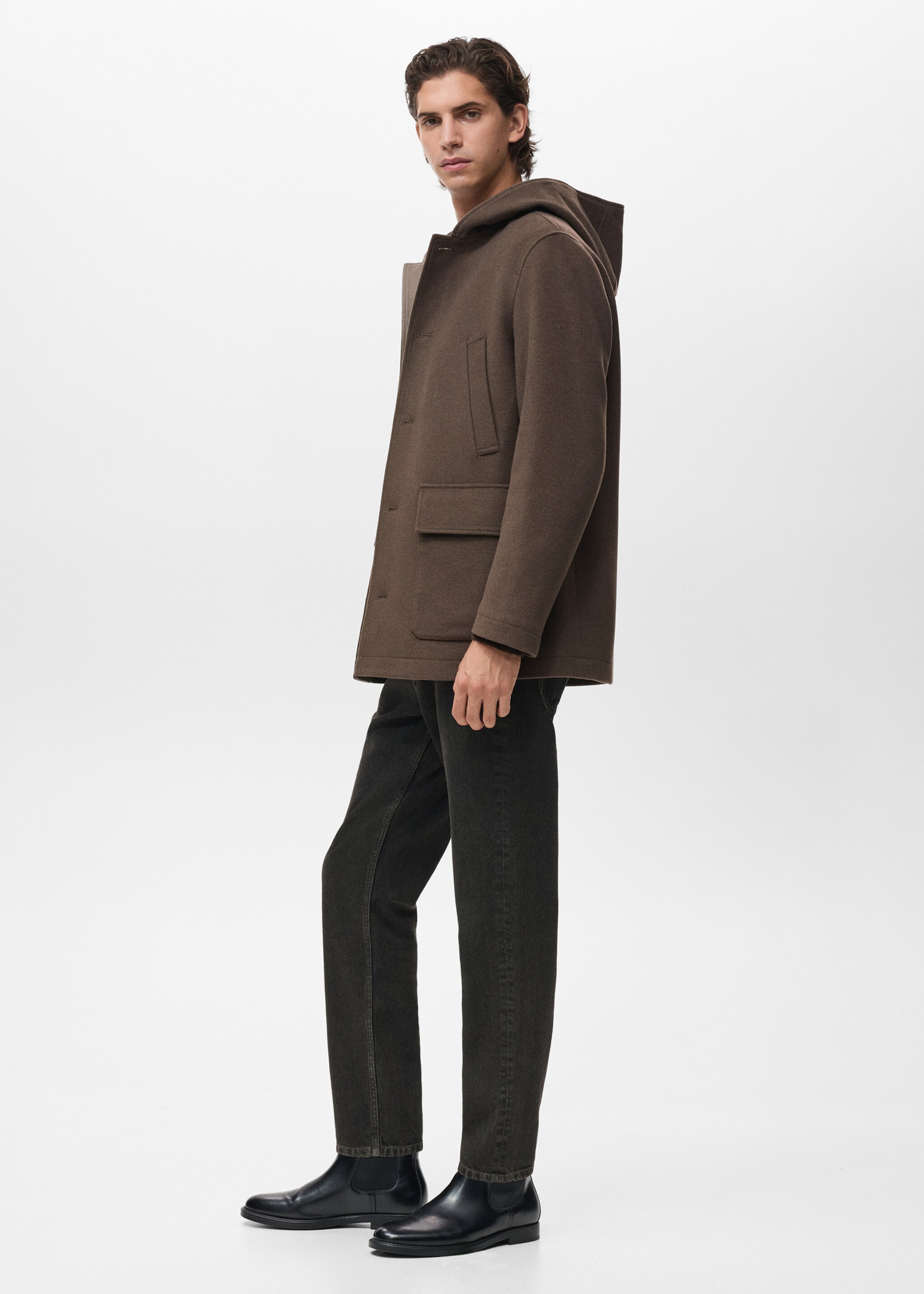 Hooded wool coat - Details of the article 2, Medium Brown. Ref: 17027891-00.