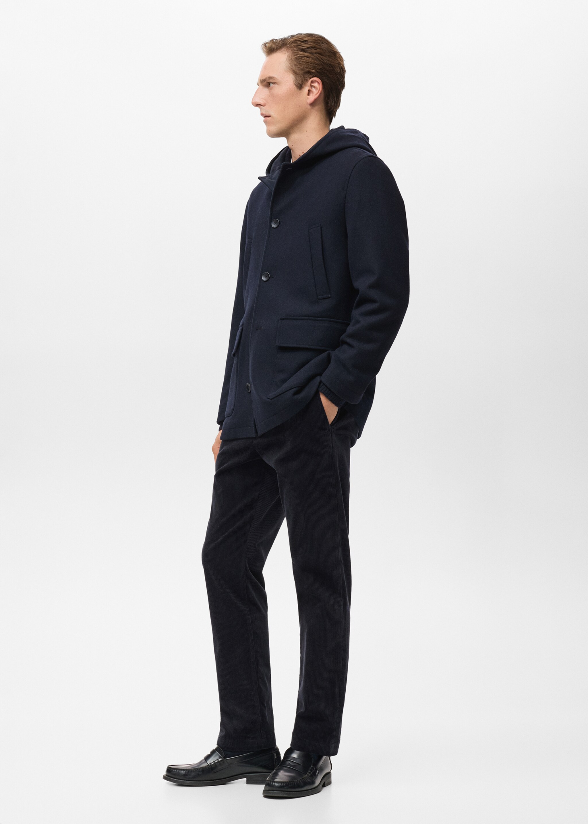 Hooded wool coat - Details of the article 2, Dark Navy. Ref: 17027891-00.