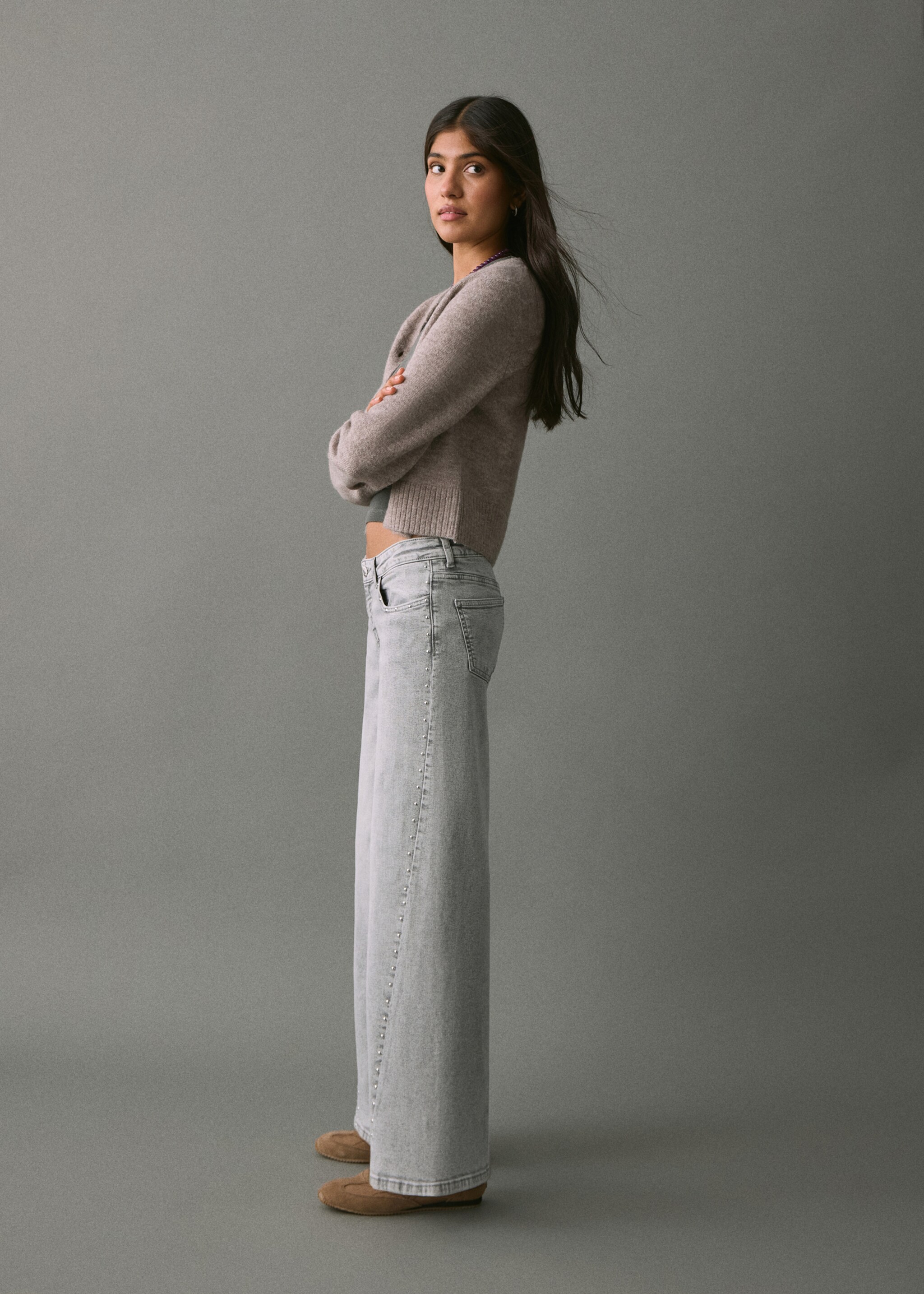 Wide leg jeans with studs - Medium plane, Light Grey Denim. Ref: 17027893-00.