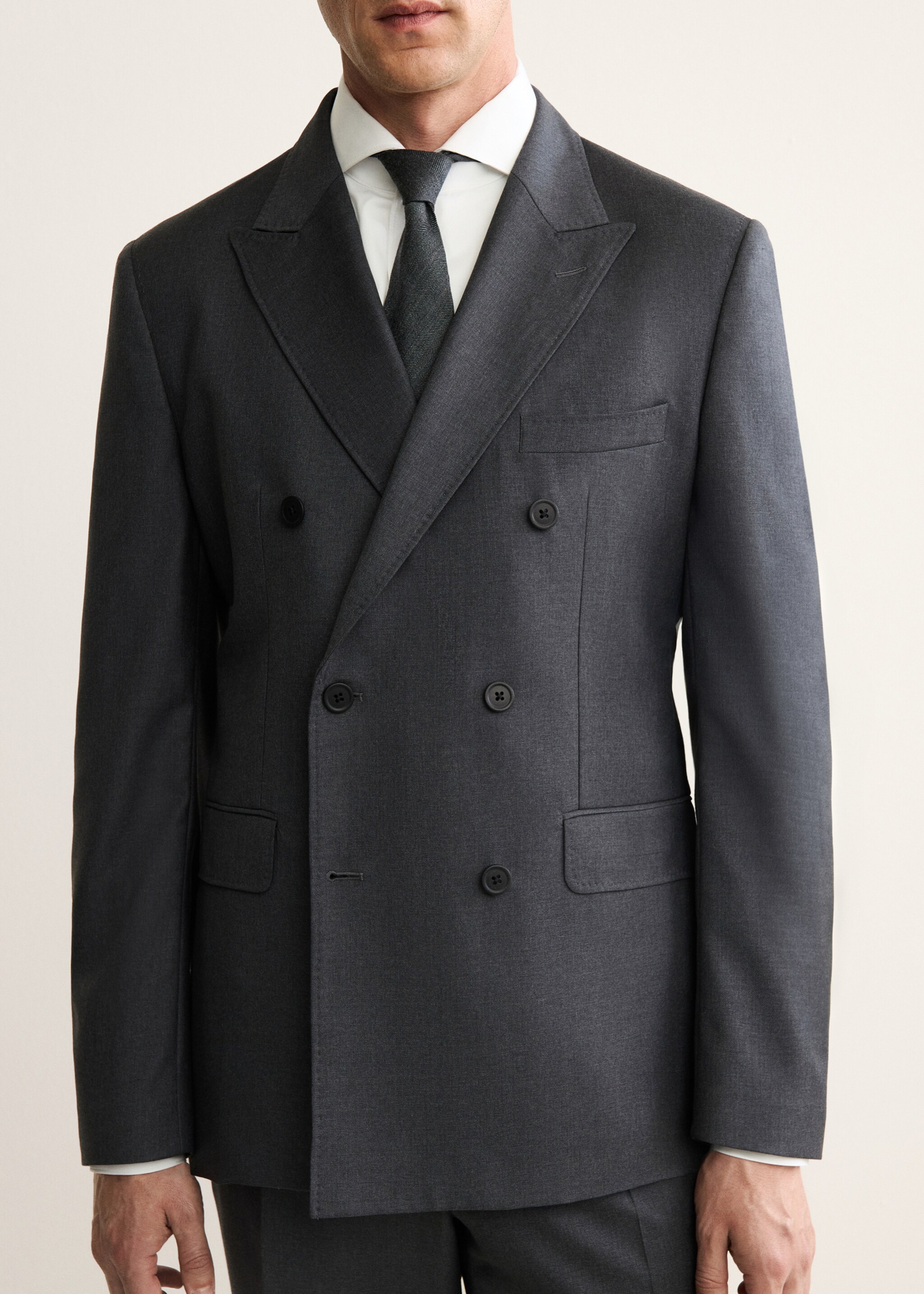 Blazer cruzado de flanela de lã - Pormenor do artigo 6, Cinzento-mesclado escuro. Ref: 17028274-00.