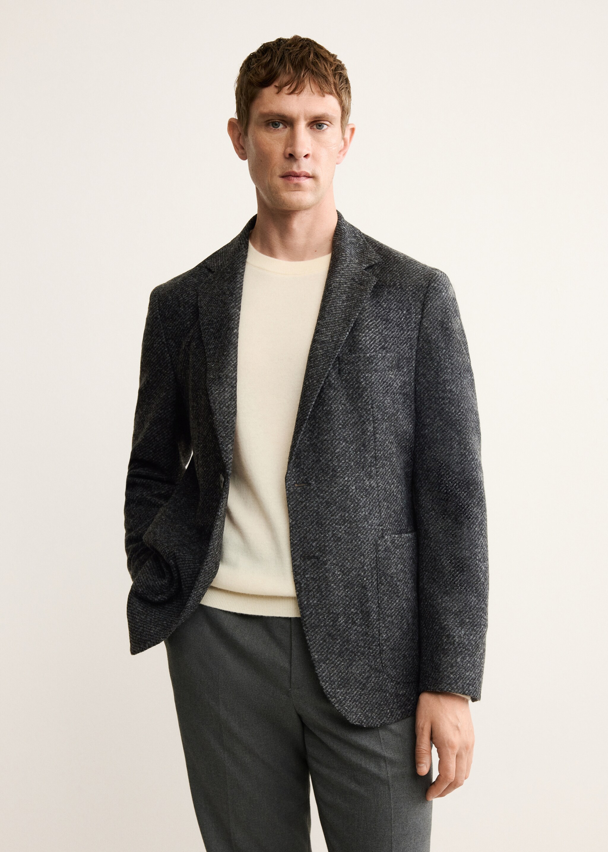 Blazer com mescla de lã slim fit - Plano médio, Cinzento-mesclado escuro. Ref: 17028275-00.
