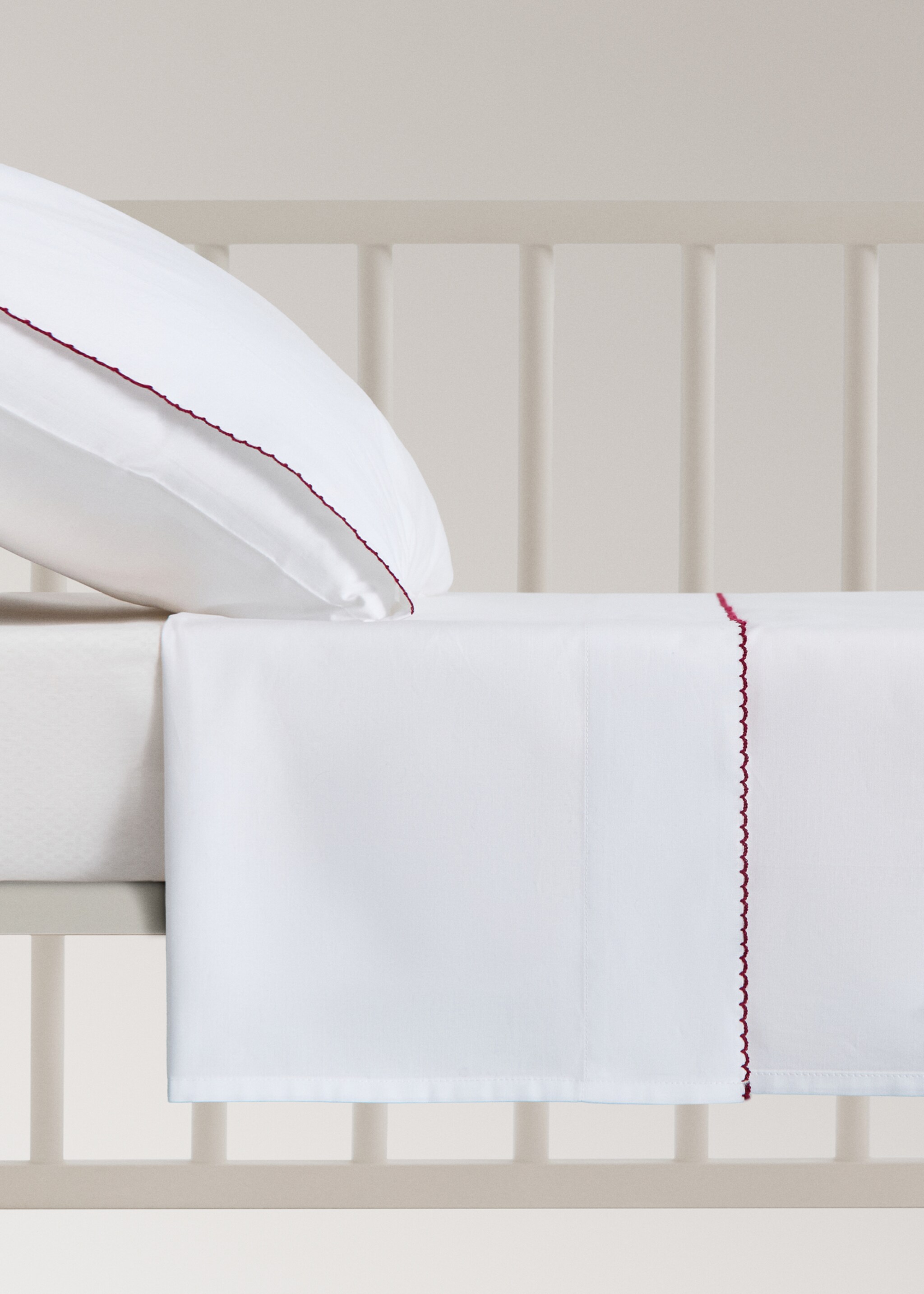 Percale cotton top sheet with contrasting picot detail for cot - Article without model, White. Ref: 17028634-00.