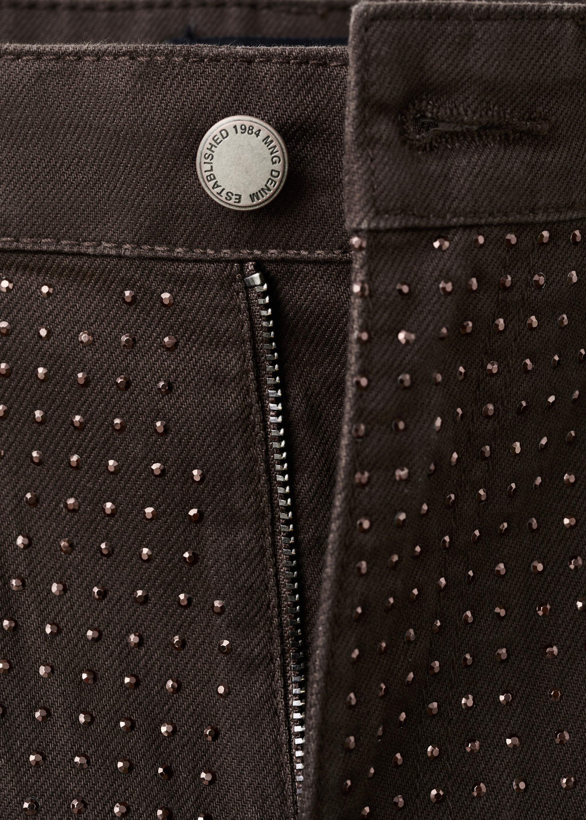 Wide-leg jeans with rhinestones - Details of the article 8, Chocolate. Ref: 17029115-00.