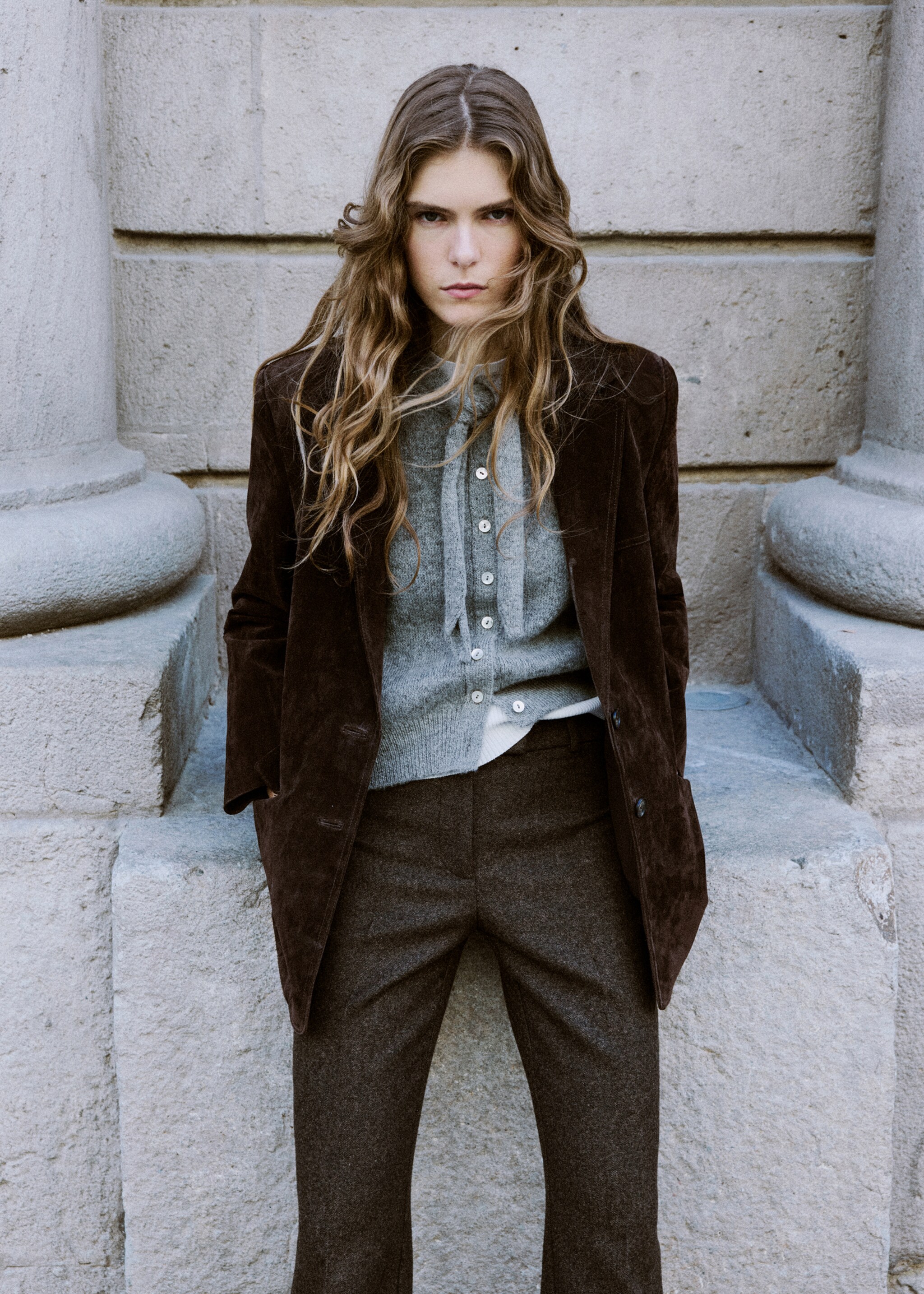 Bow tie neck cardigan - Medium plane, Grey. Ref: 17029120-00.