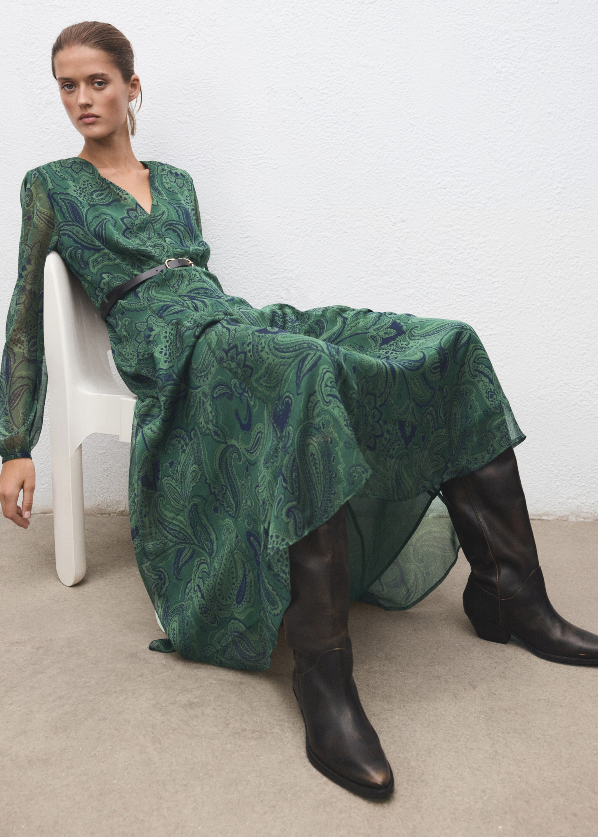 Belt printed dress - Details of the article 2, Green. Ref: 17029121-00.
