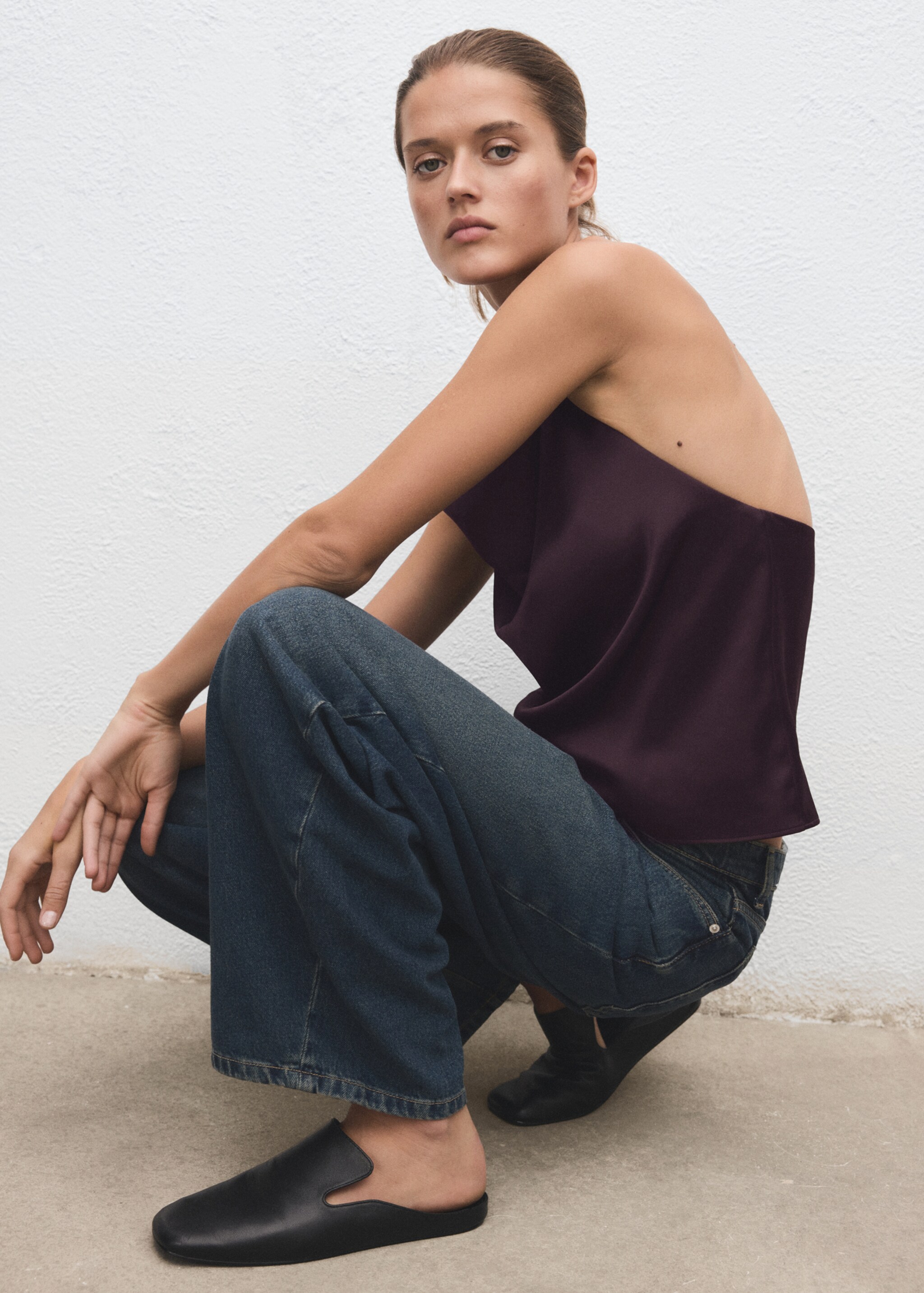 Draped neck satin top - Details of the article 2, Plum. Ref: 17029122-00.