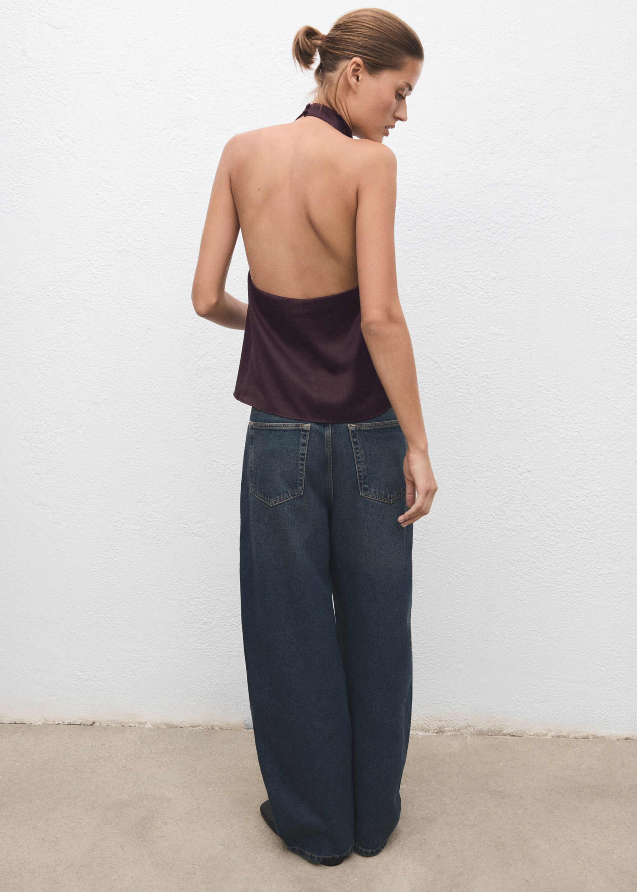 Draped neck satin top - Reverse of the article, Plum. Ref: 17029122-00.