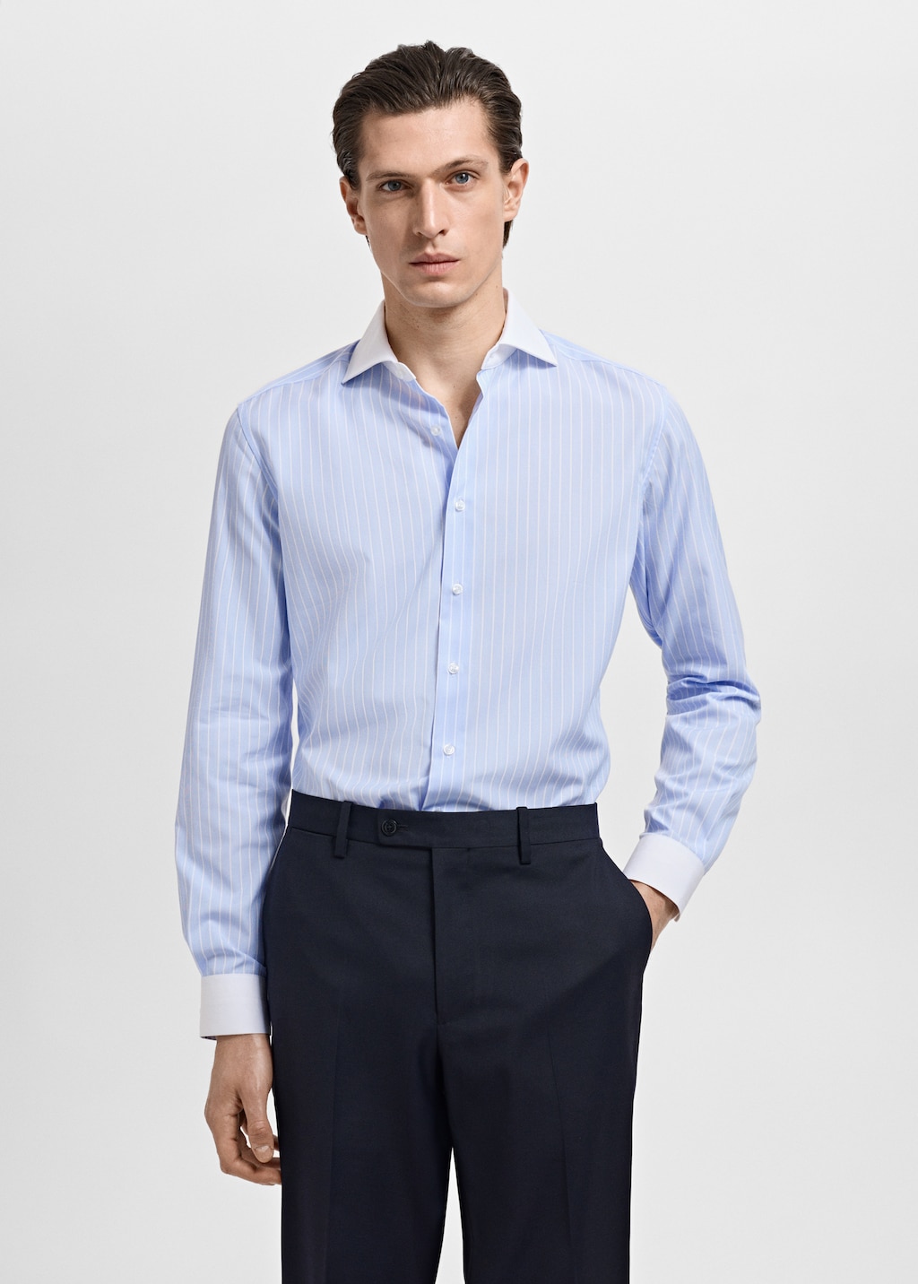 Striped-print slim-fit suit shirt