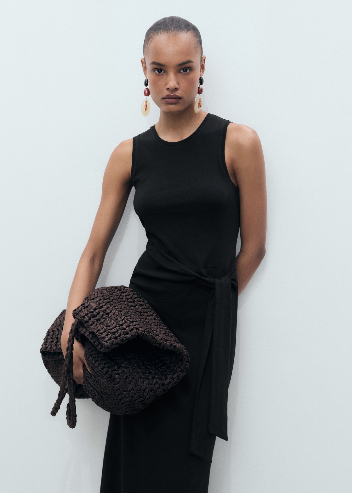 Vestido midi de algodão com nó - Plano médio