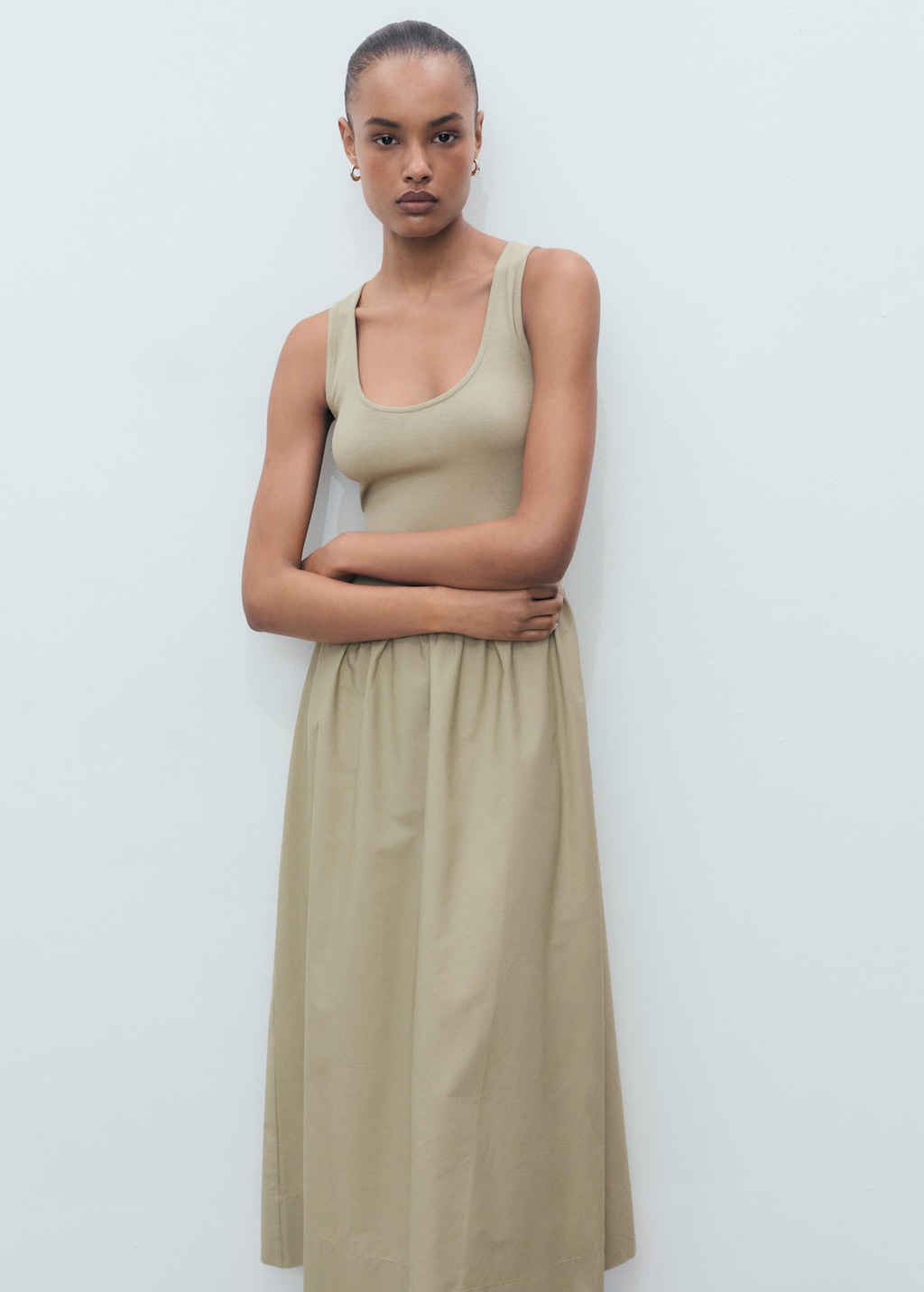 Flared dress in combined fabric