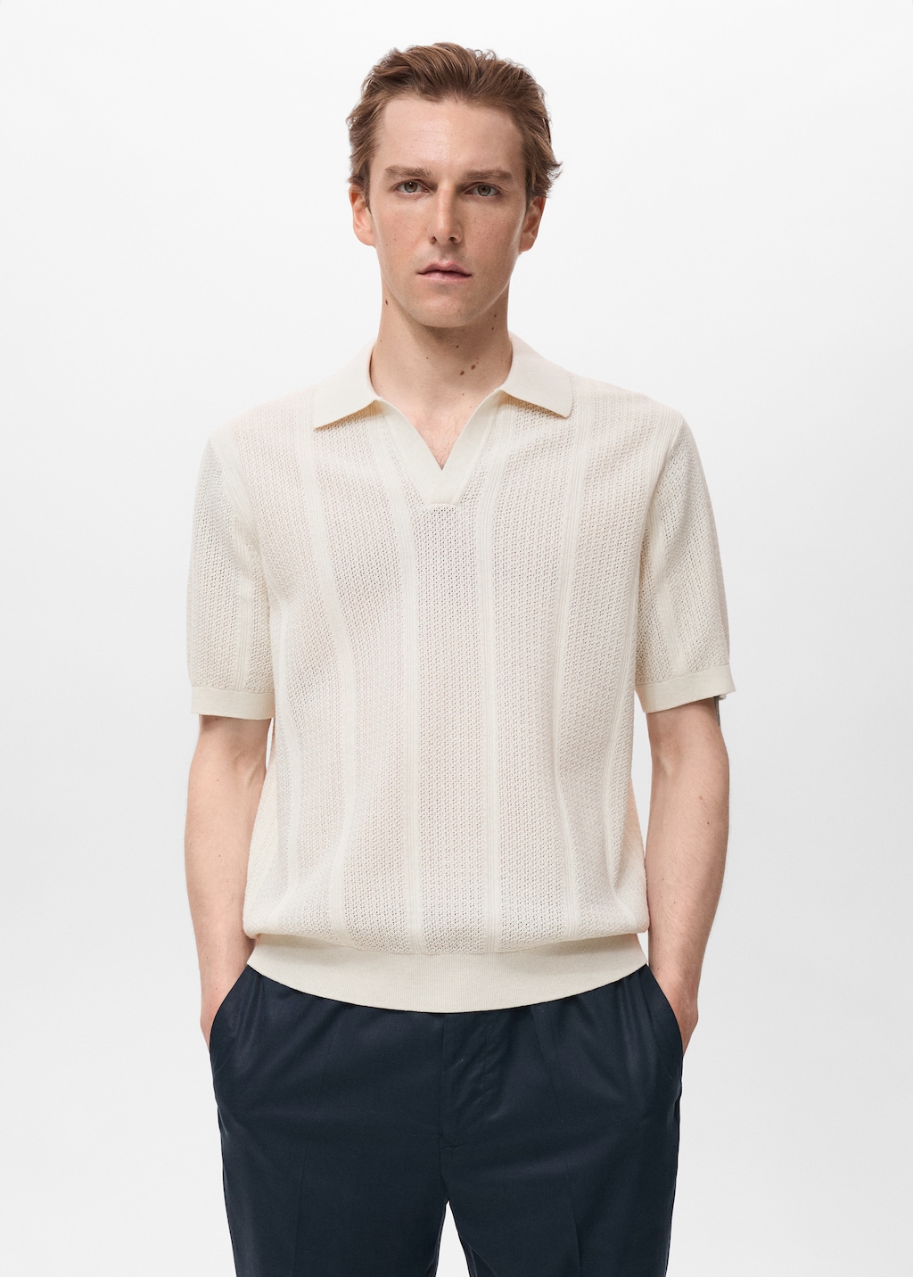 Knitted cotton polo shirt with lace pattern